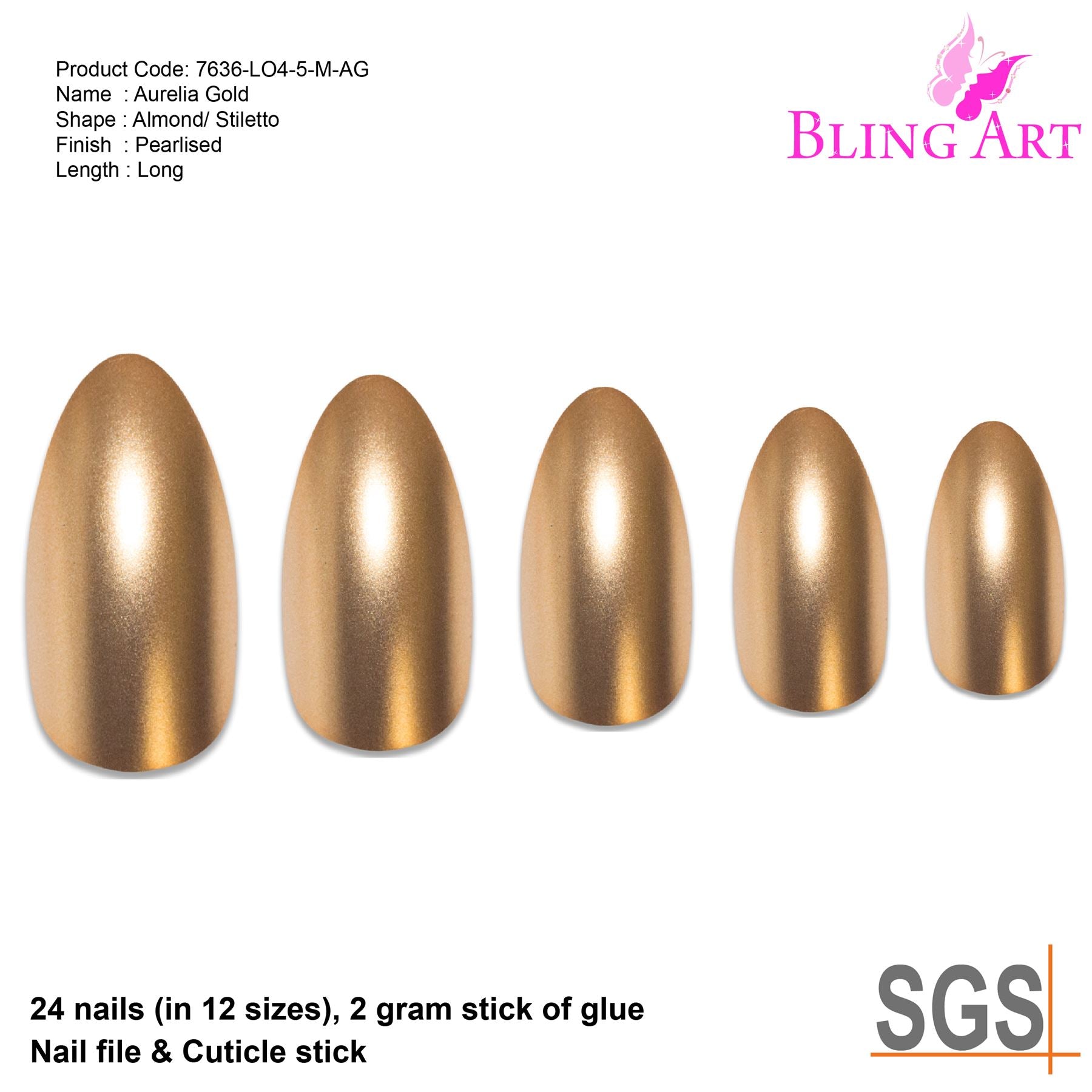 False Nails by Bling Art Gold Matte Metallic Almond Stiletto Fake Acrylic Tips