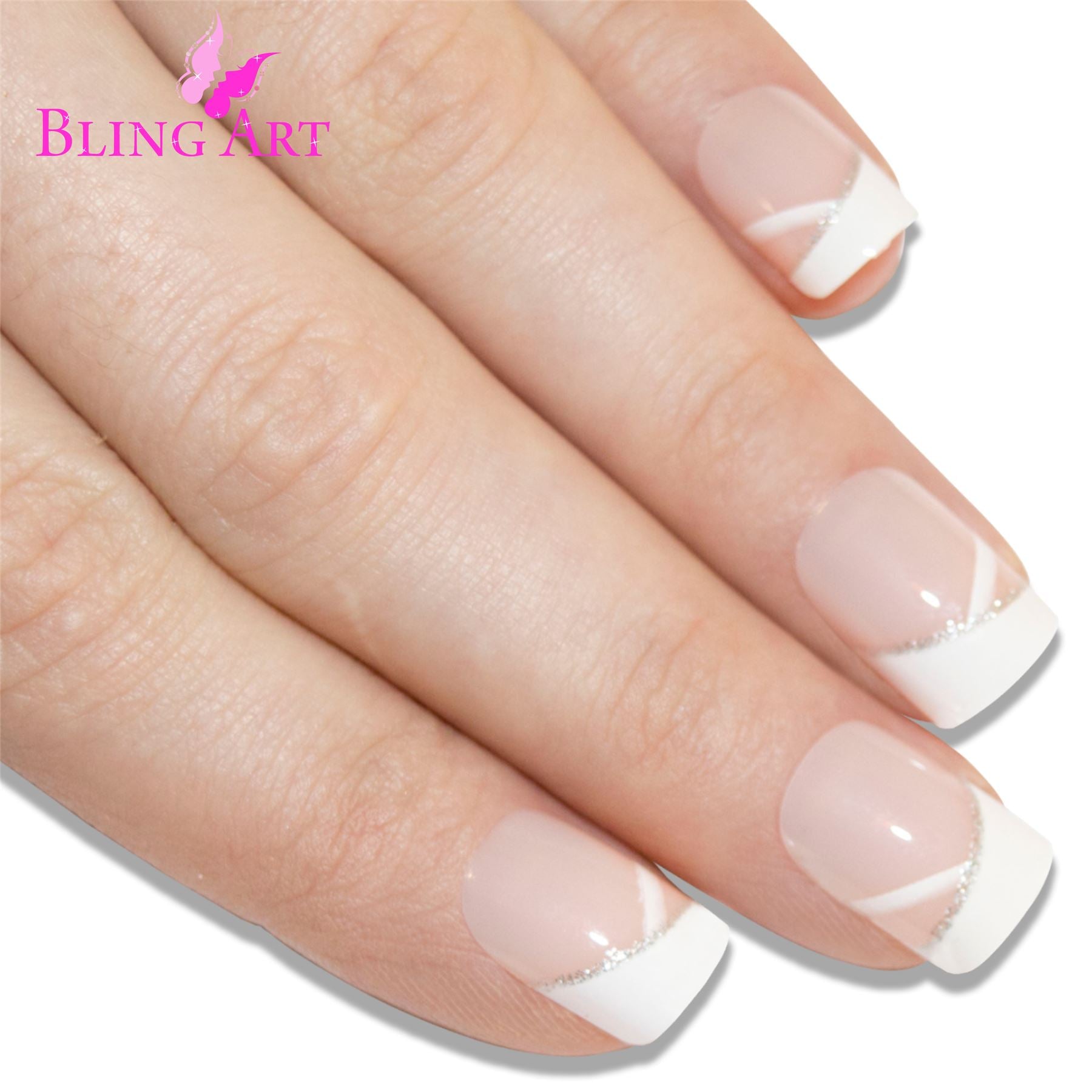 False Nails by Bling Art White Glitter French Manicure Fake Medium Tips with Glue