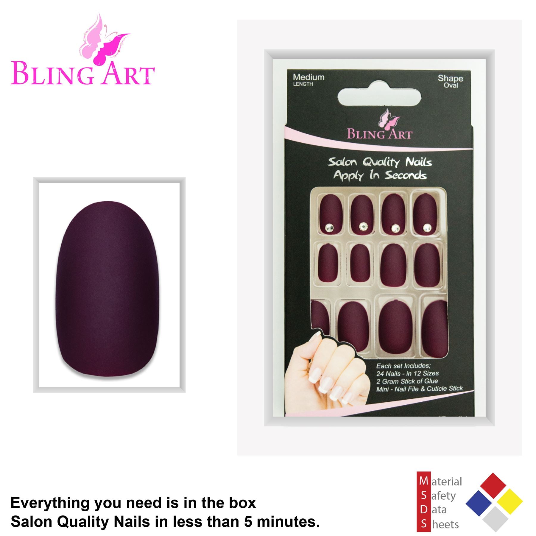 False Nails by Bling Art Red Brown Matte Oval Medium Fake Acrylic Tips Glue
