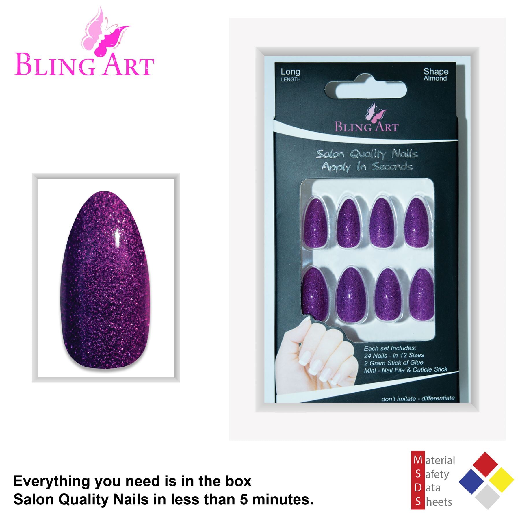 False Nails Bling Art Purple Gel Almond Stiletto Long Fake Acrylic Tips and Glue