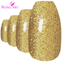 False Nails by Bling Art Gold Gel Ballerina Coffin 24 Fake Long Acrylic Tips
