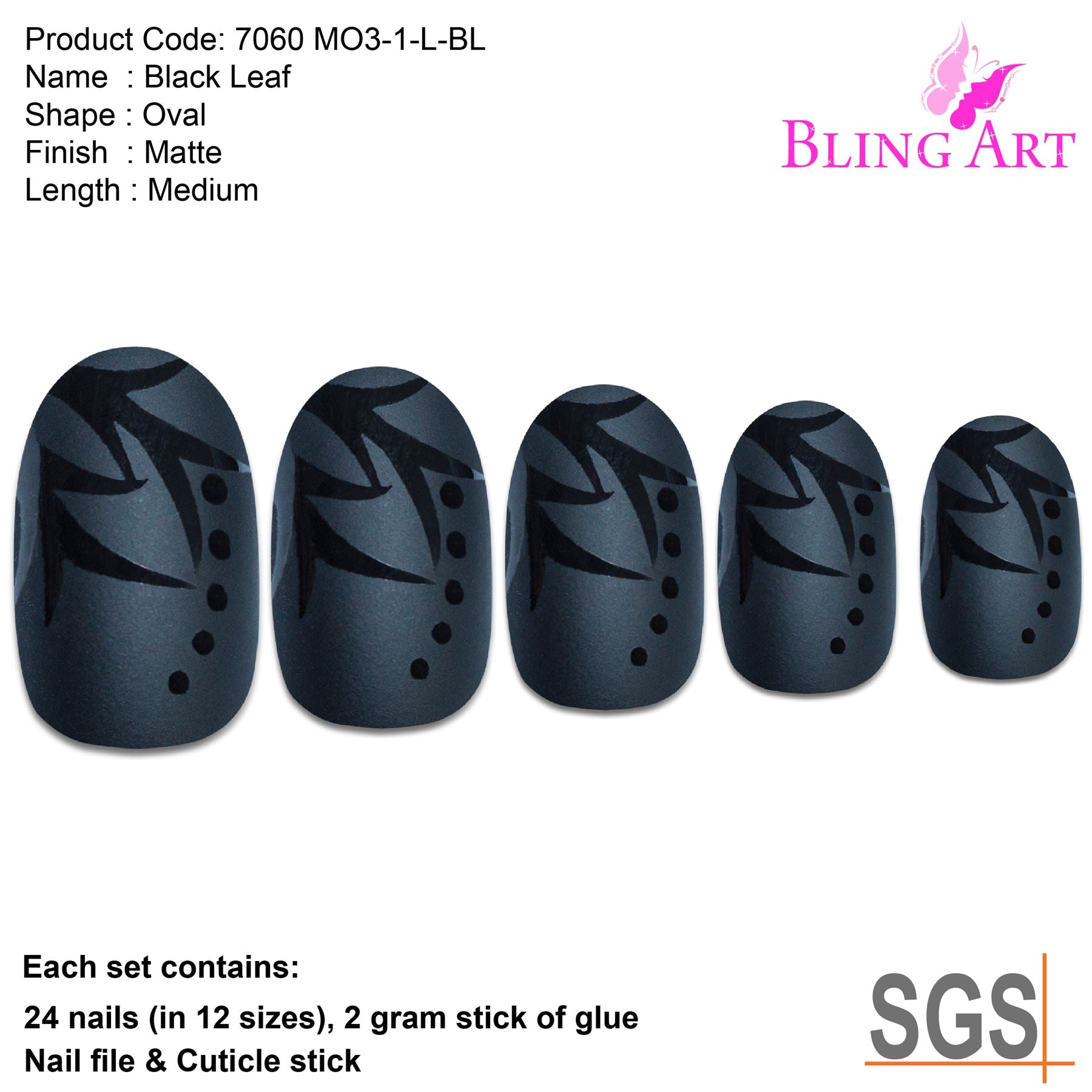 False Nails by Bling Art Black Leaf Matte Oval Medium Fake Acrylic Nail Tips Glue