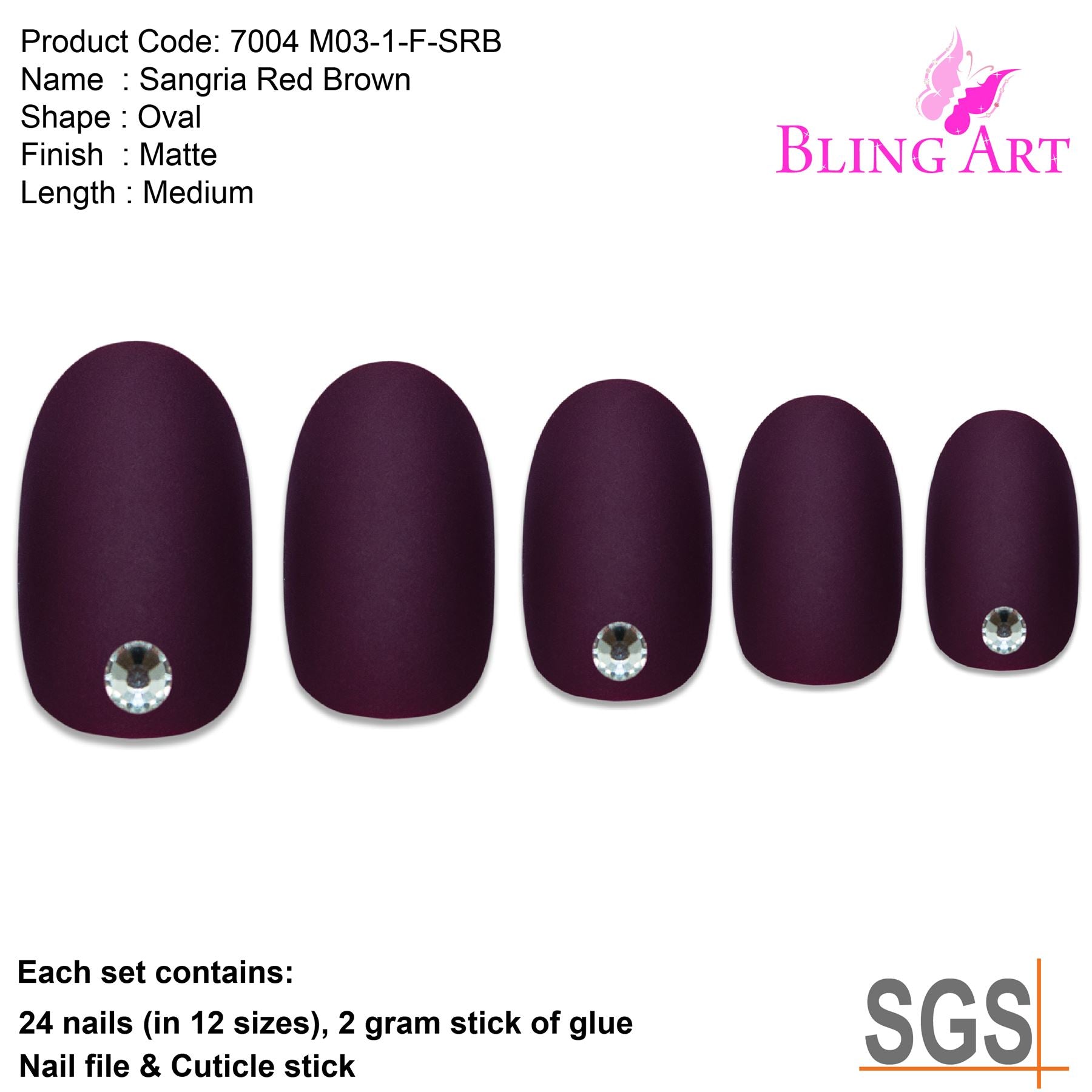 False Nails by Bling Art Red Brown Matte Oval Medium Fake Acrylic Tips Glue