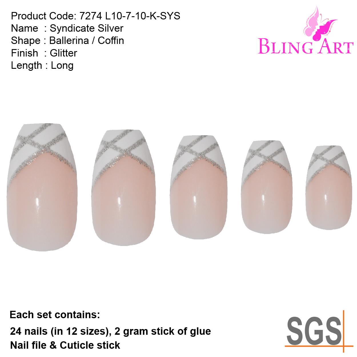 False Nails by Bling Art Silver White Glitter Ballerina Long Fake 24 Acrylic Nail Tips