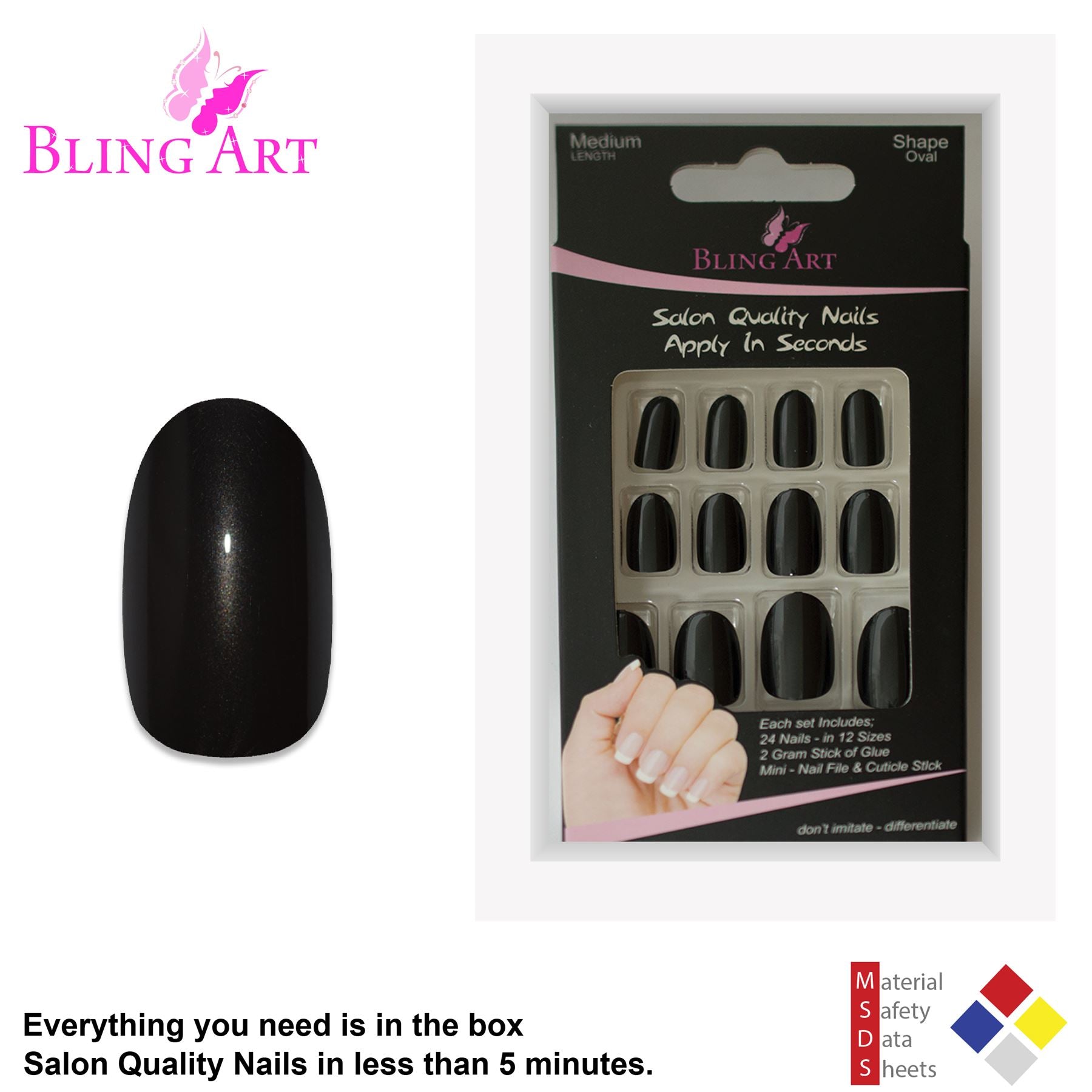 False Nails by Bling Art Black Glitter Oval Medium Fake Acrylic 24 Tips with Glue