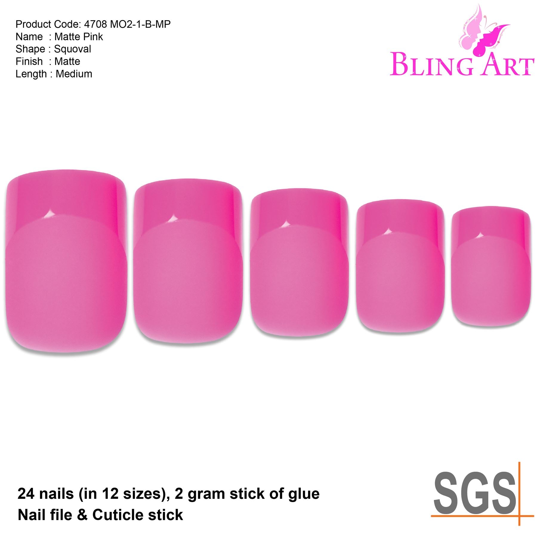 False Nails by Bling Art Pink Matte French Manicure Fake Medium Tips with Glue