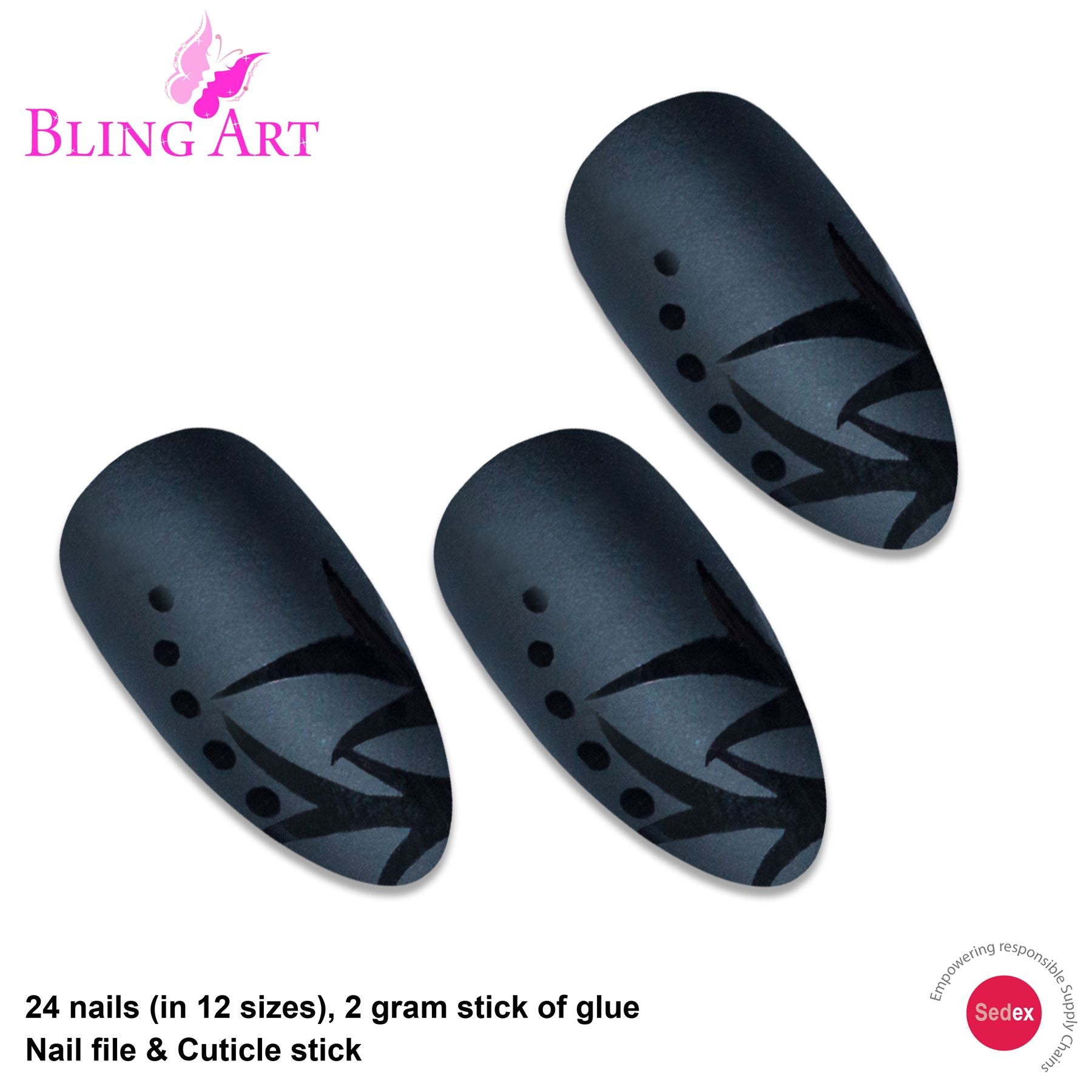 False Nails by Bling Art Black Leaf Matte Almond Stiletto Acrylic Fake Tips