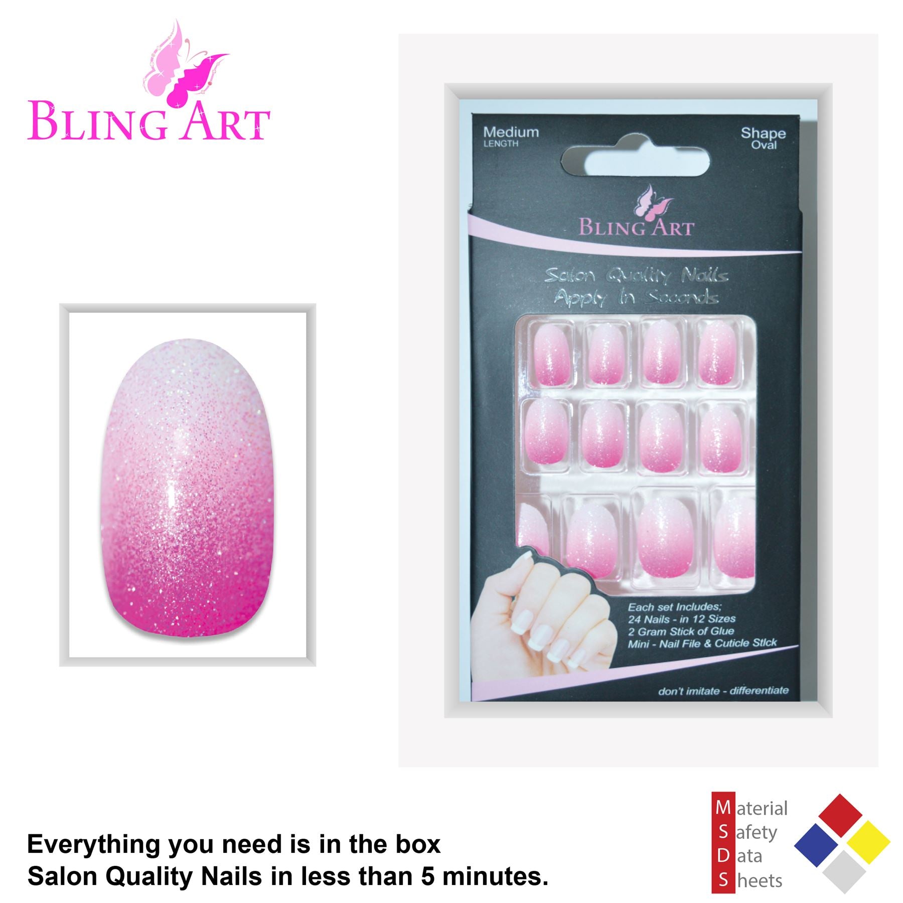 False Nails by Bling Art Pink Gel Ombre Oval Medium Fake Acrylic 24 Tips Glue
