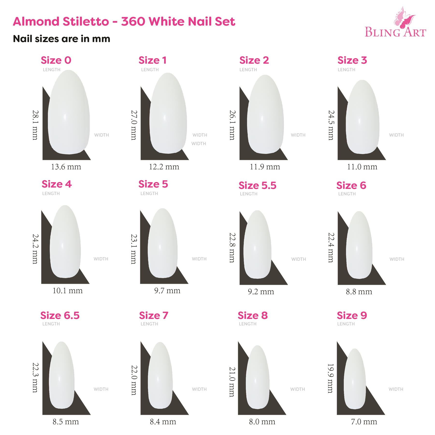 False Nails by Bling Art 360 Stiletto Almond Long Natural Acrylic Fake Nail Tips without glue