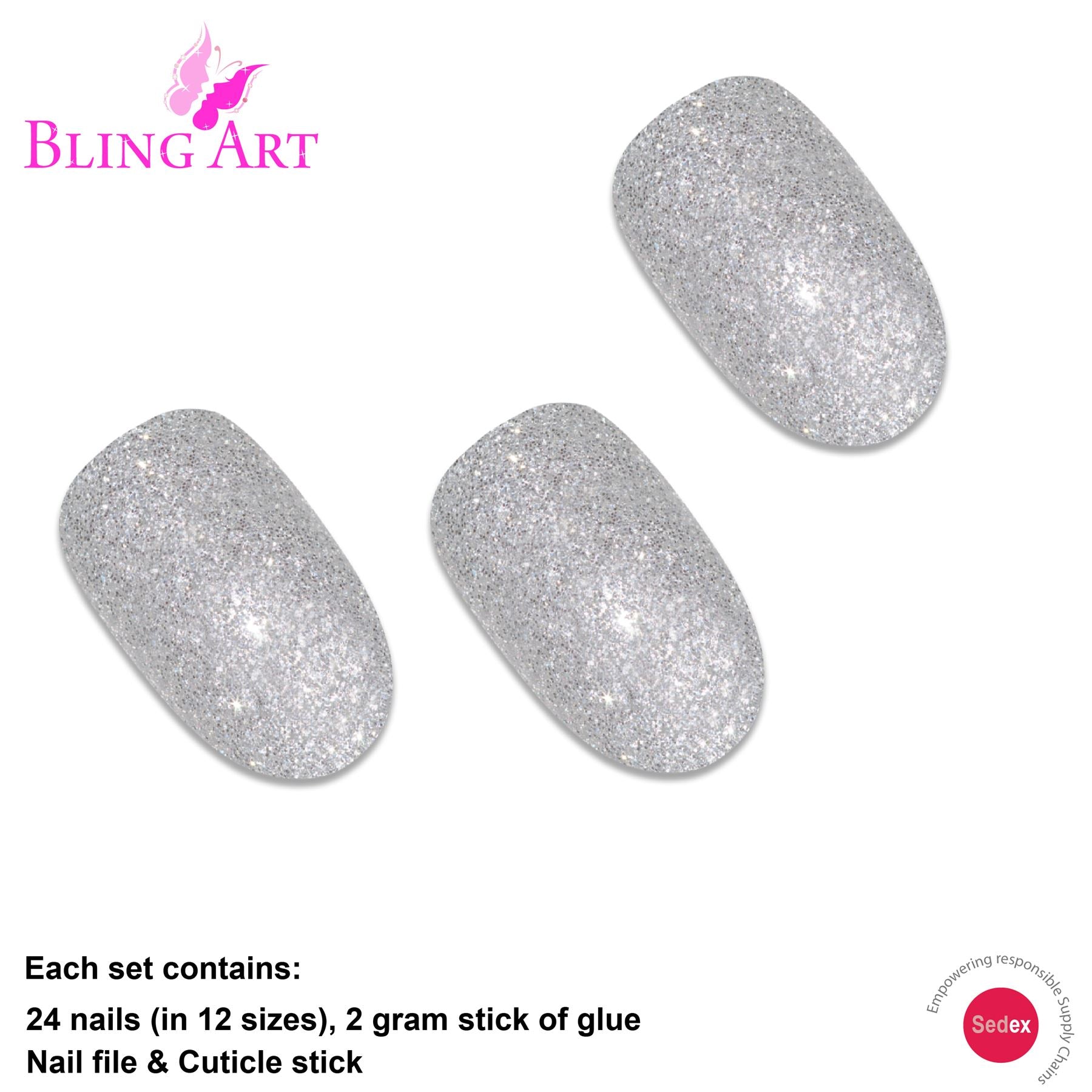 False Nails by Bling Art Silver Gel Oval Medium Fake Acrylic 24 Tips with Glue