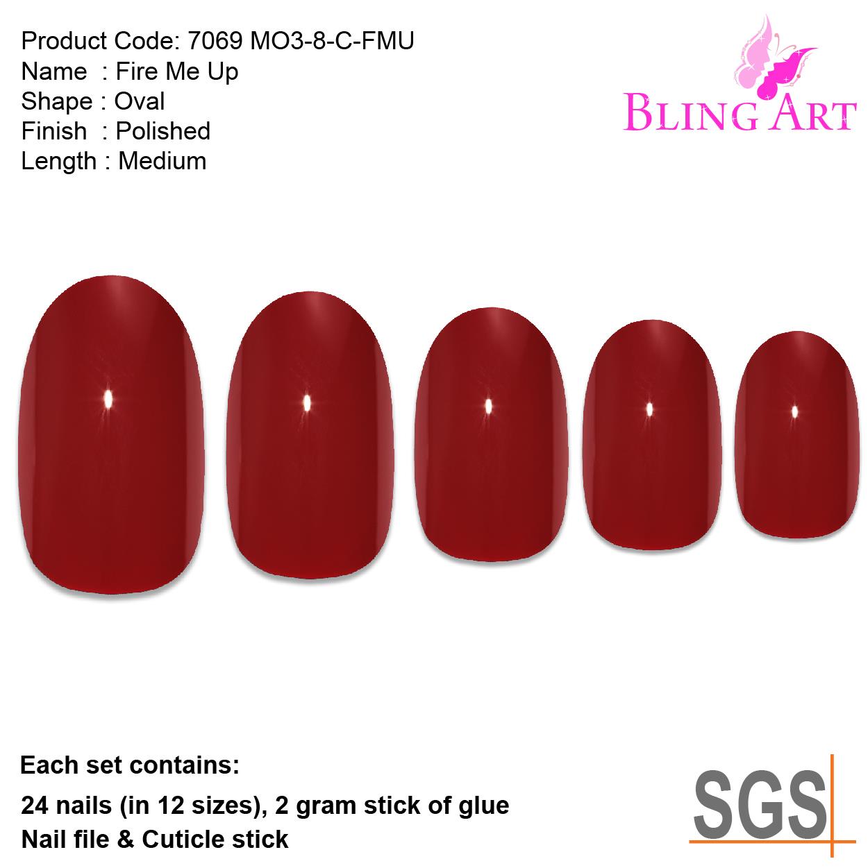 False Nails by Bling Art Red Polished Oval Medium Fake 24 Acrylic Nail Tips