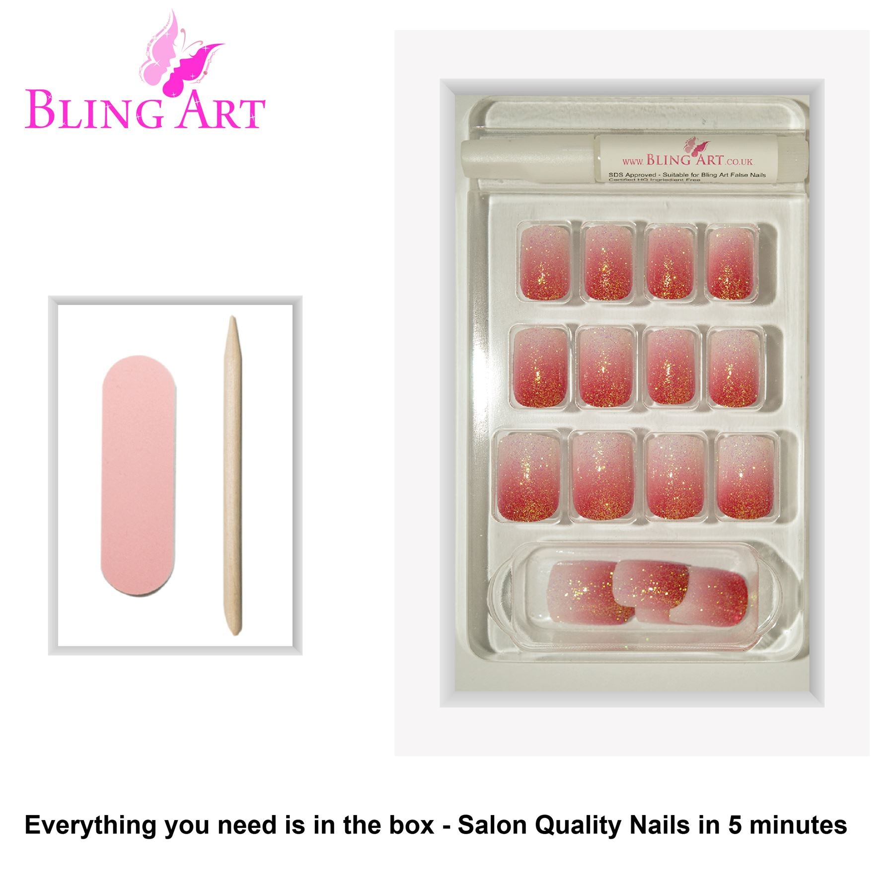 False Nails by Bling Art Red Gel Ombre French Squoval 24 Fake Medium Tips