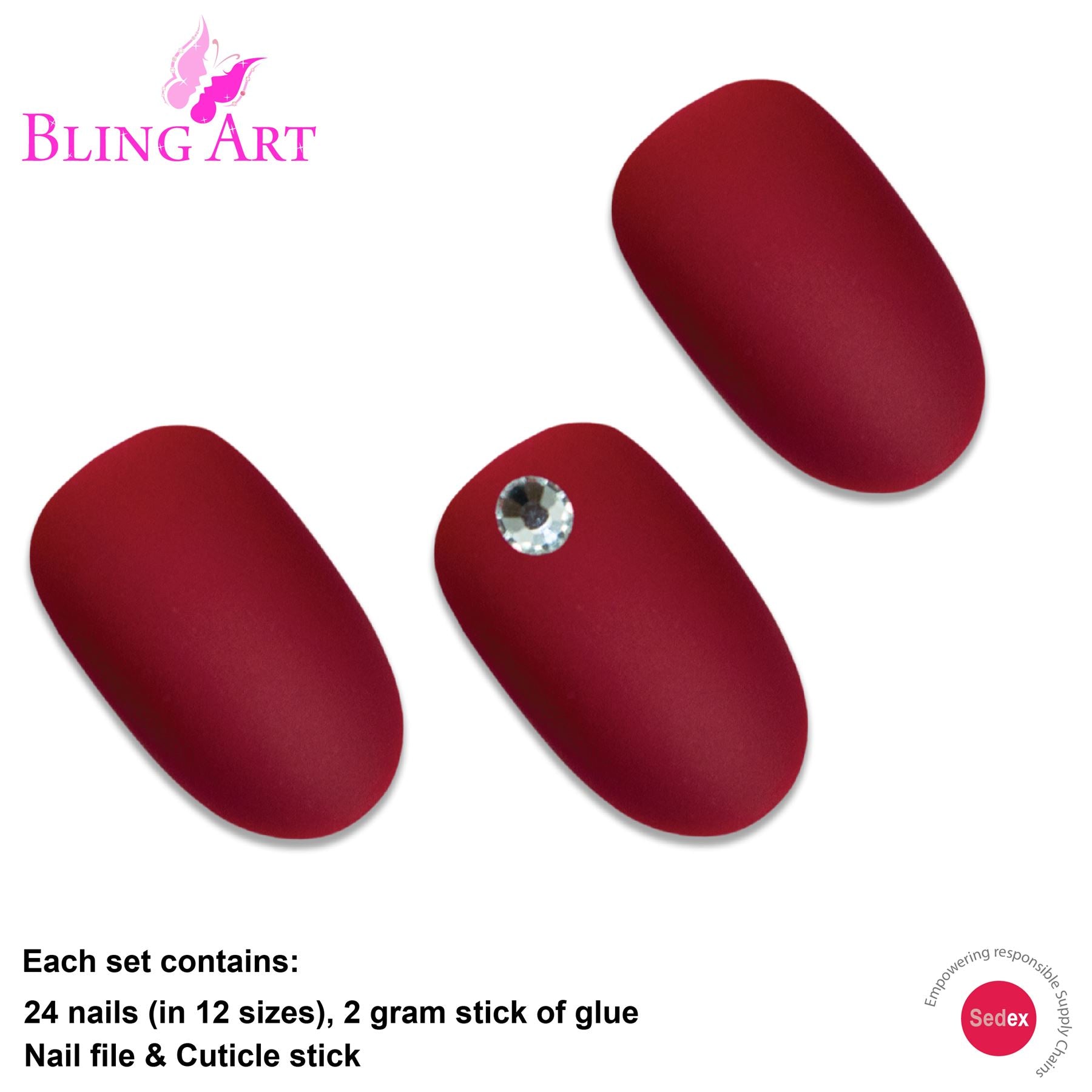 False Nails by Bling Art Red Matte Oval Medium Fake Acrylic 24 Tips with Glue
