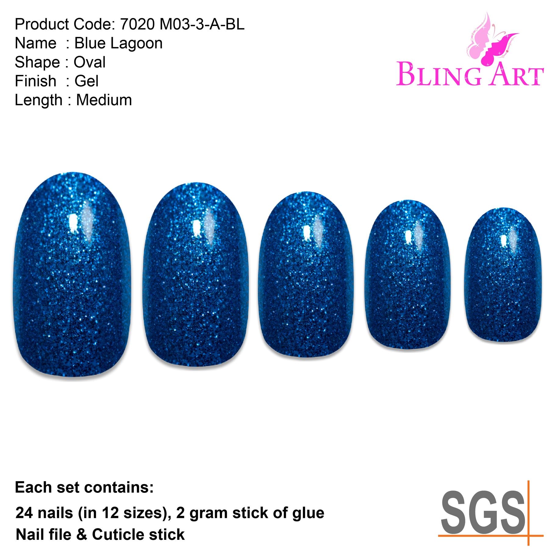 False Nails by Bling Art Blue Gel Oval Medium Fake Acrylic 24 Tips with Glue