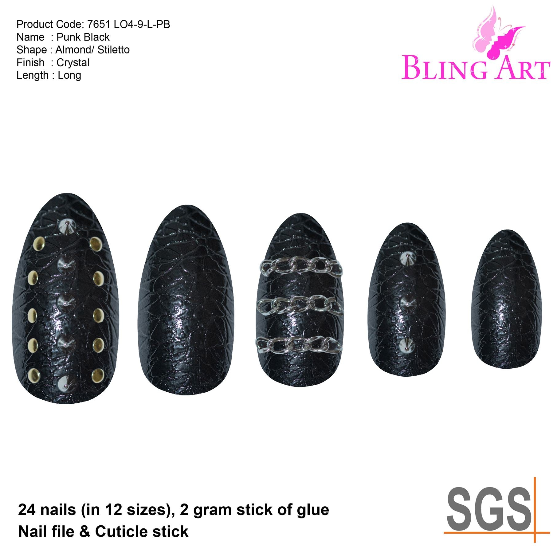 False Nails by Bling Art Black Punk Almond Stiletto Acrylic 24 Fake Long Tips