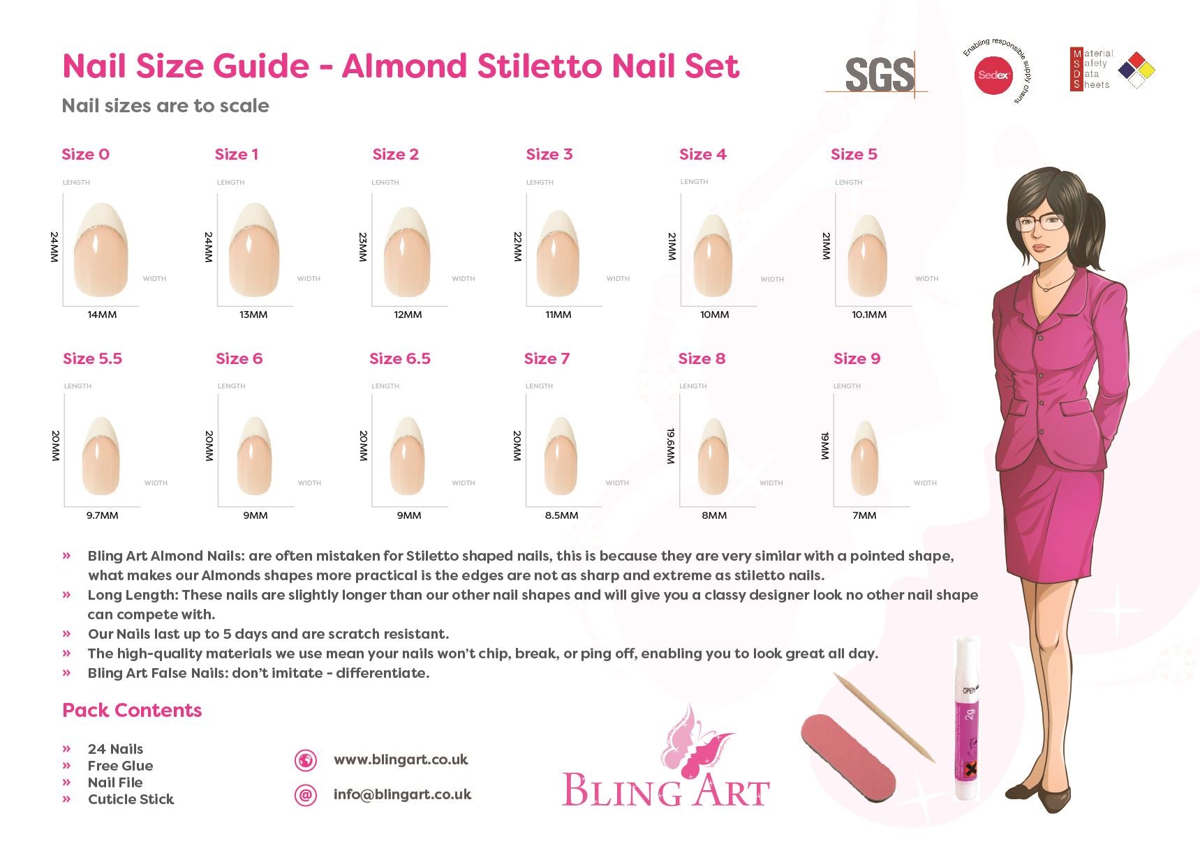 False Nails by Bling Art Matte Pink 24 Almond Stiletto Long Fake Tips with Glue