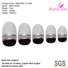 False Nails by Bling Art Black White Glossy Oval Medium Fake 24 Acrylic Nail Tips