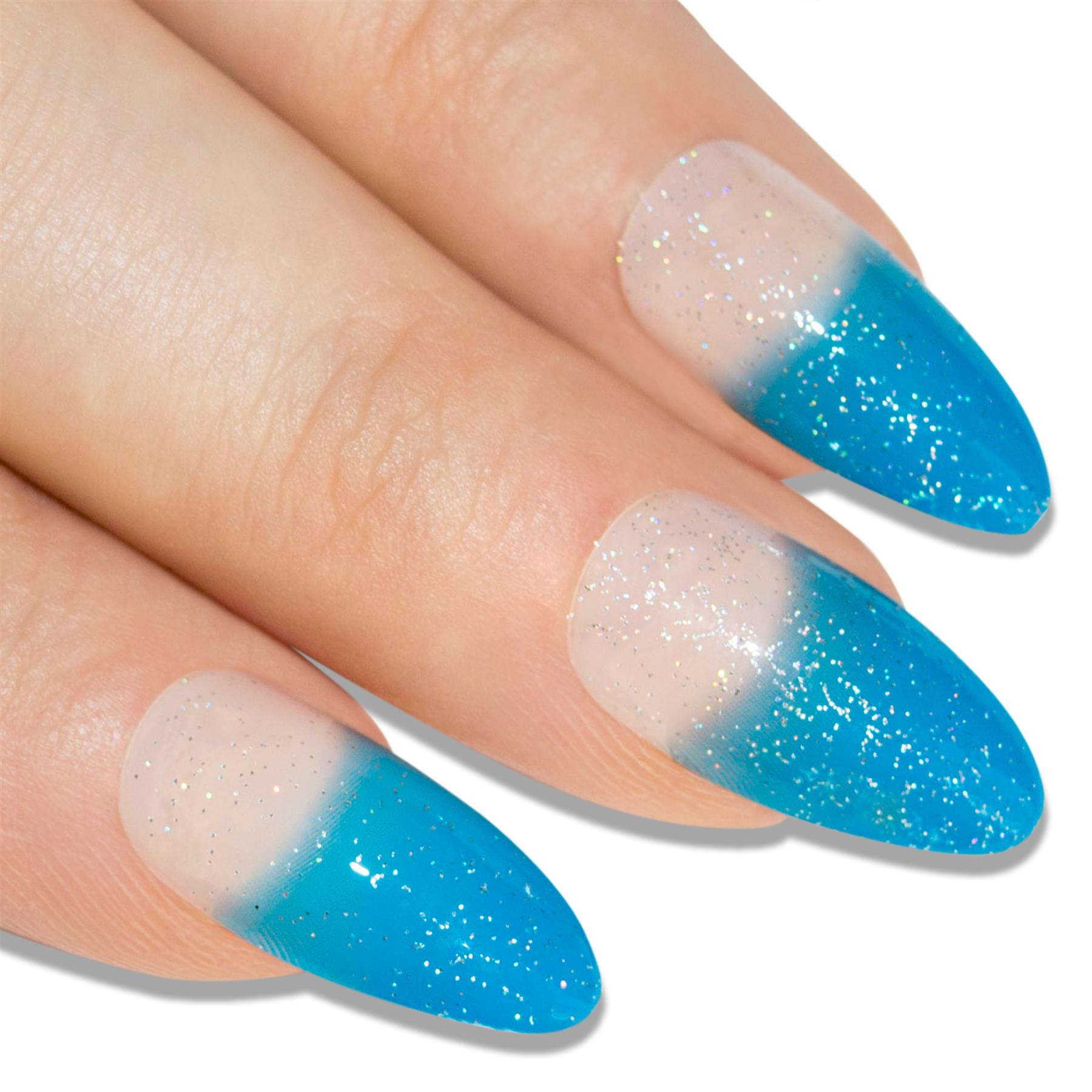 False Nails by Bling Art Blue Gel Glitter 24 Almond Stiletto Long Fake Tips Glue