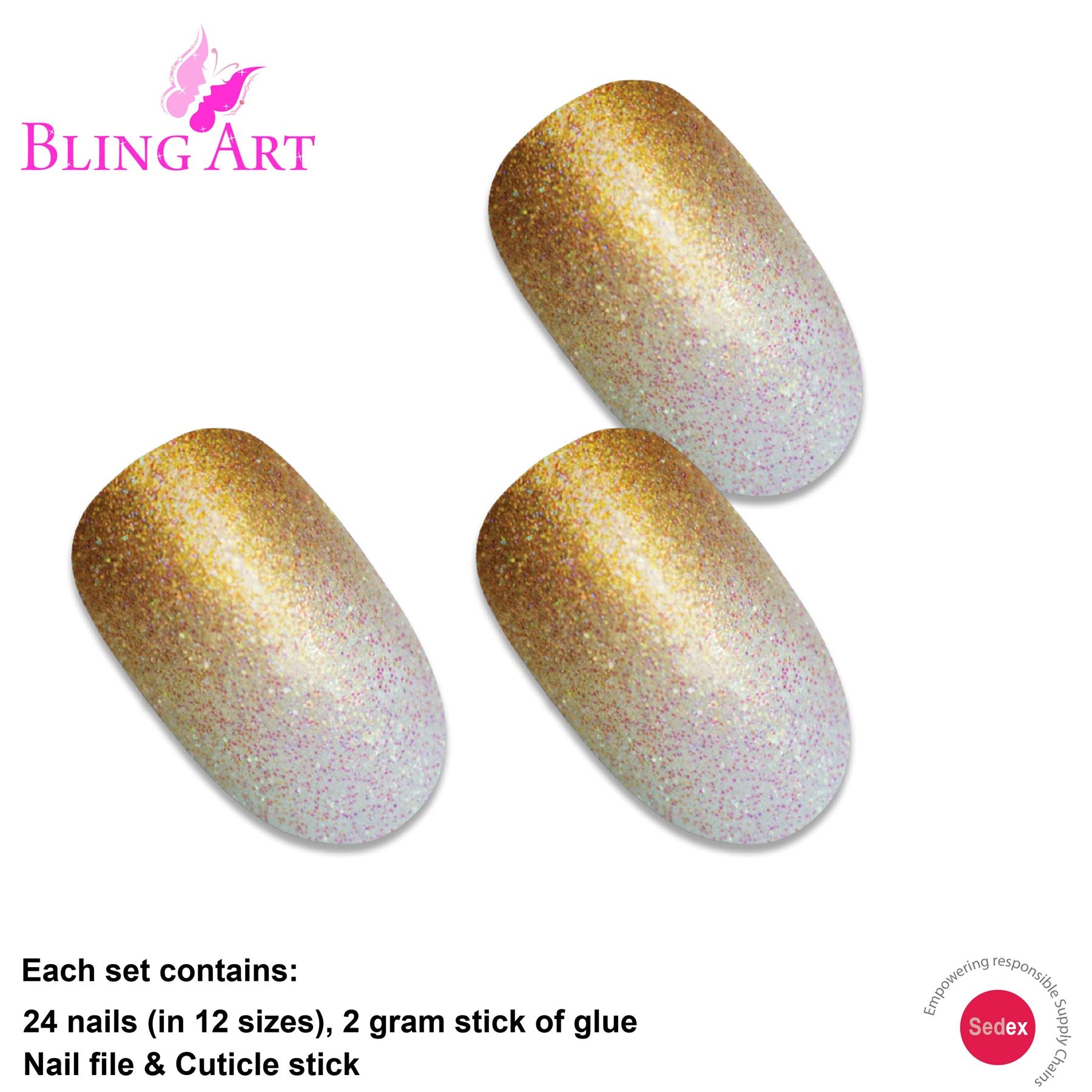 False Nails by Bling Art Gold Gel Ombre Oval Medium Fake Acrylic 24 Tips Glue