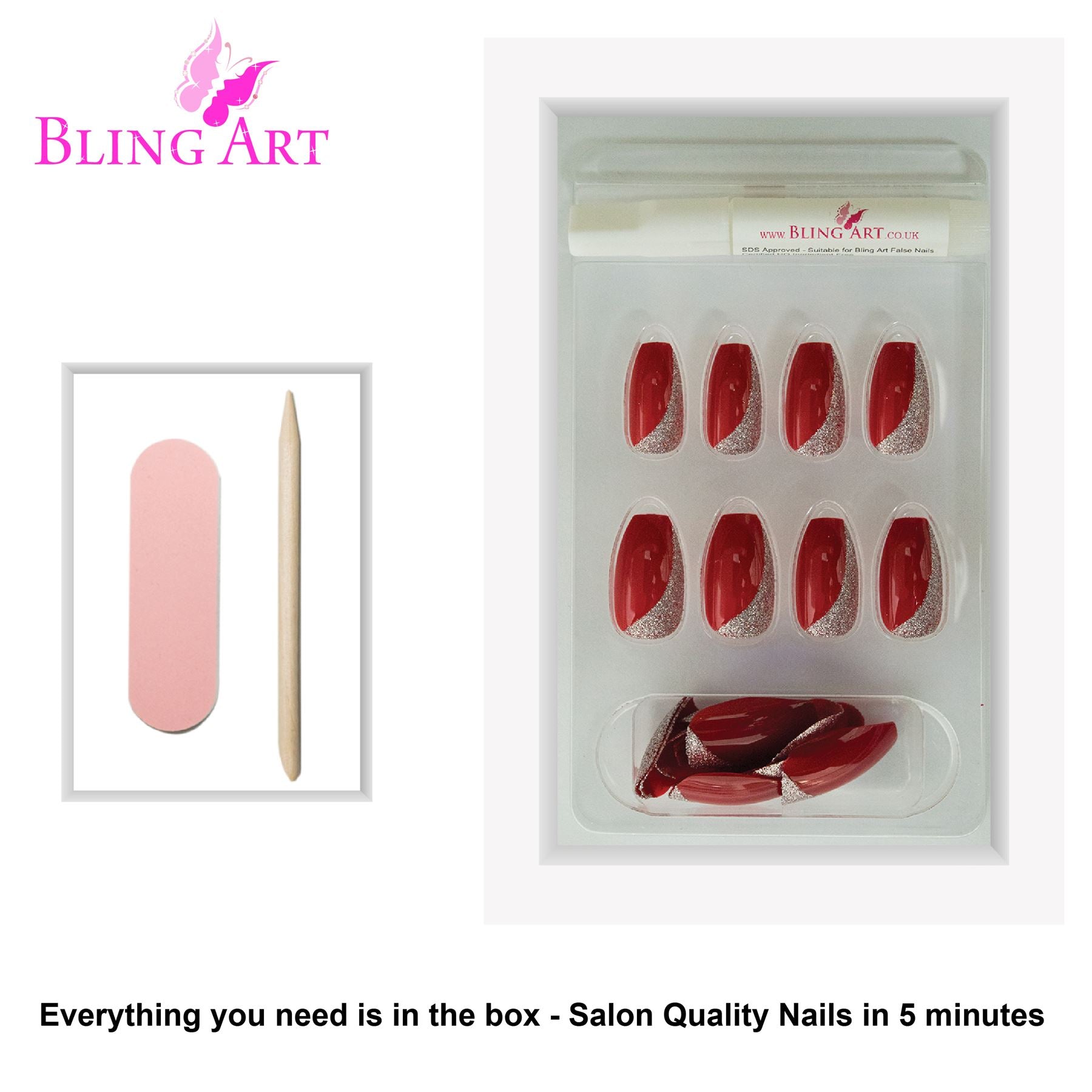 False Nails by Bling Art Red Glitter Ballerina Coffin Acrylic 24 Fake Long Nail Tips