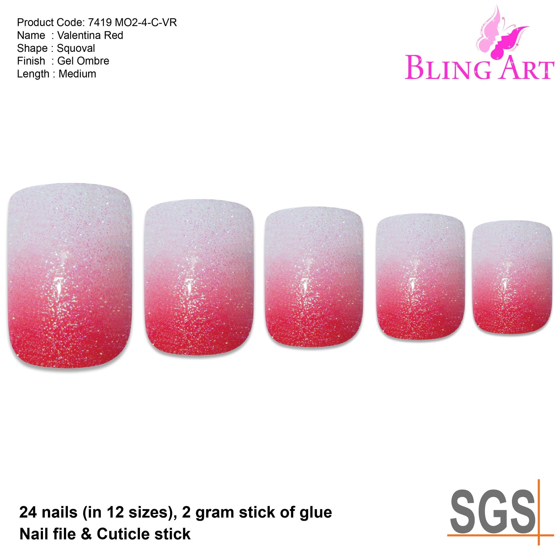 False Nails by Bling Art Red Gel Ombre French Squoval 24 Fake Medium Tips