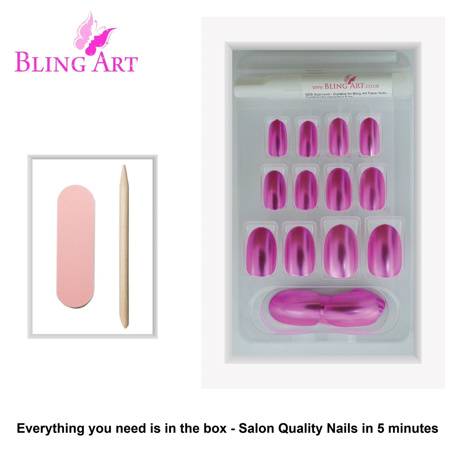 False Nails by Bling Art Pink Matte Metallic Oval Medium Fake Acrylic Tips Glue