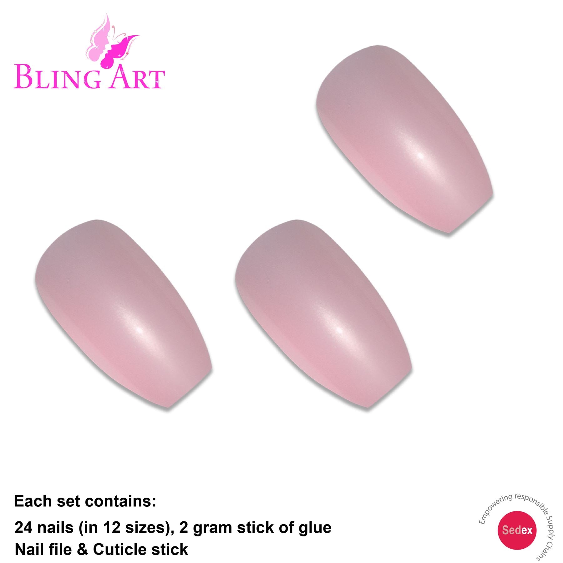 False Nails by Bling Art Pink Glitter Ballerina Coffin 24 Fake Long Acrylic Tips