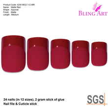 False Nails by Bling Art Red Matte French Manicure Fake Medium Tips with Glue