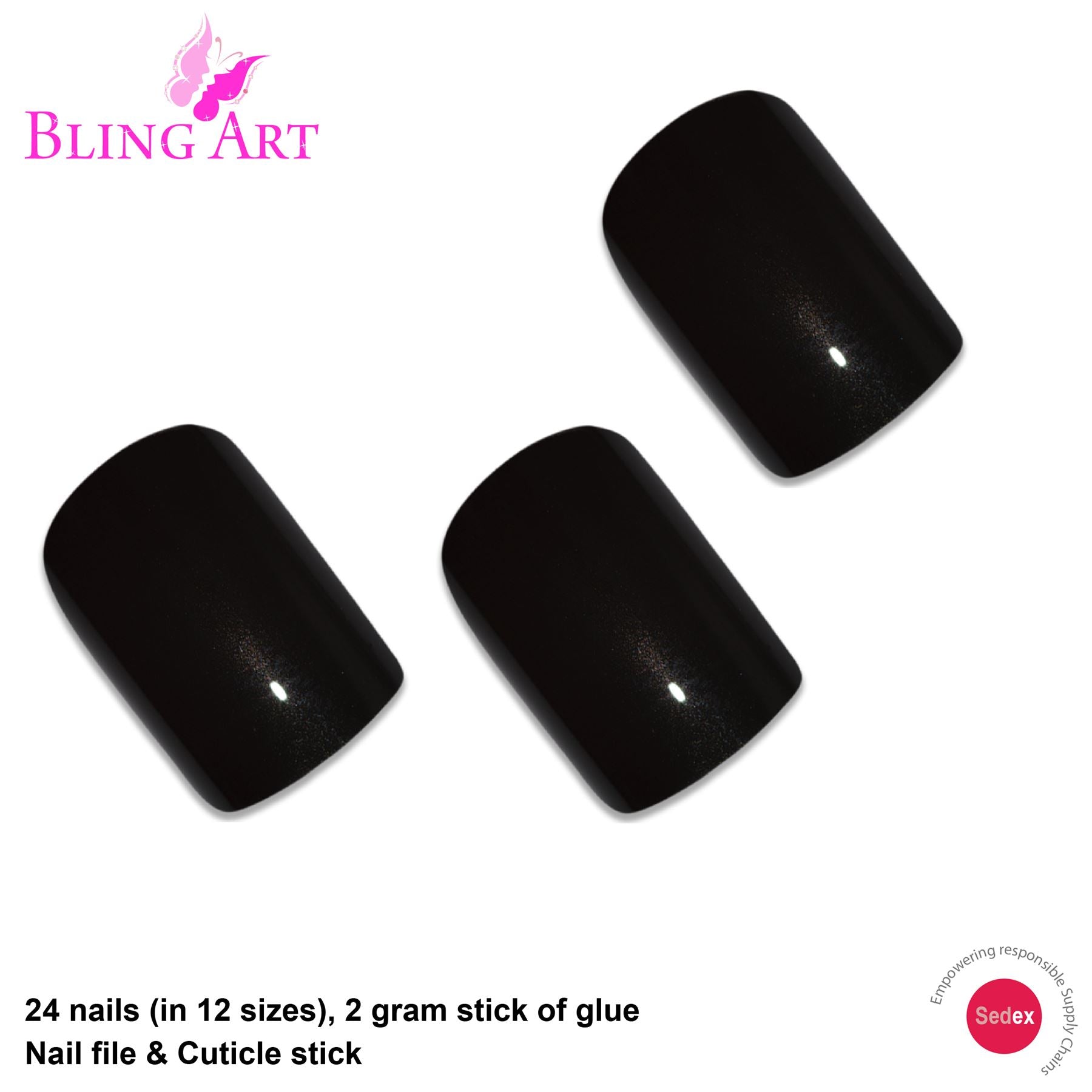 False Nails by Bling Art Black Glitter French Squoval Fake Medium Acrylic Tips