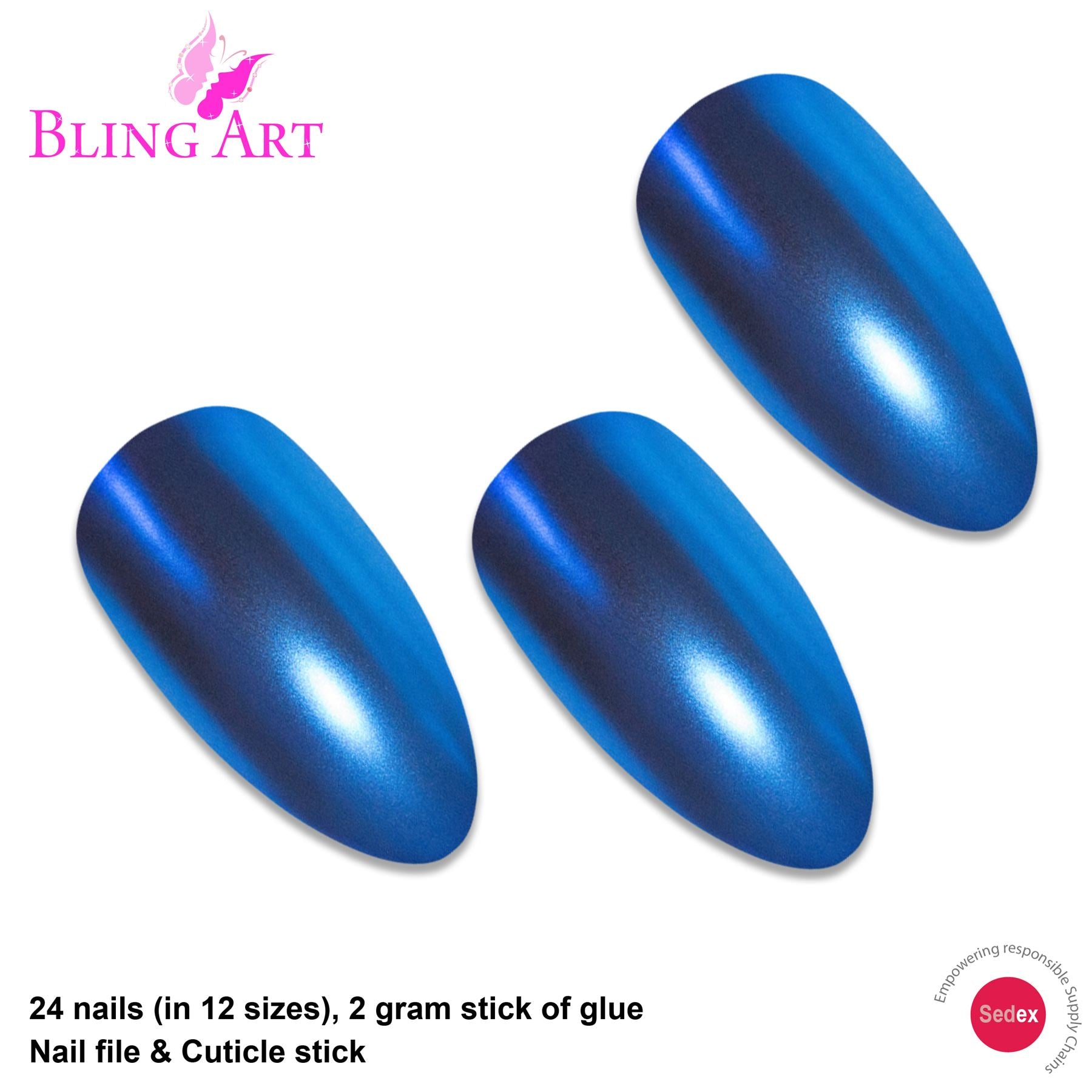 False Nails by Bling Art Blue Matte Metallic Almond Stiletto Fake Acrylic Tips