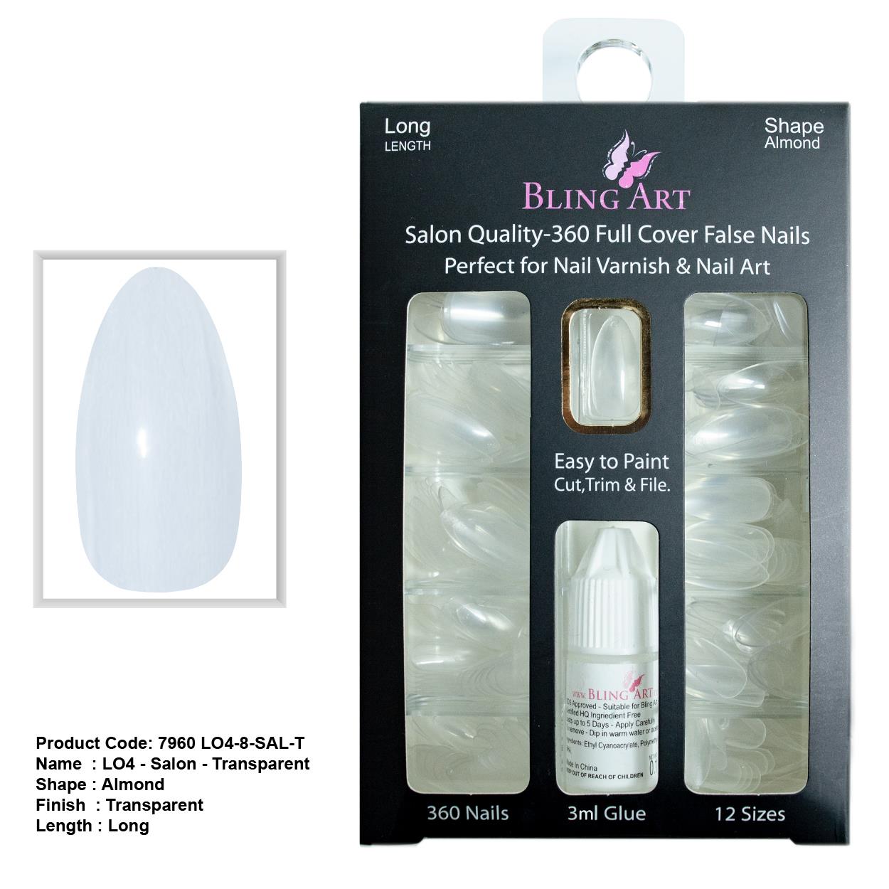 False Nails by Bling Art 360 Stiletto Almond Long Transparent Acrylic Fake Nail Tips without glue