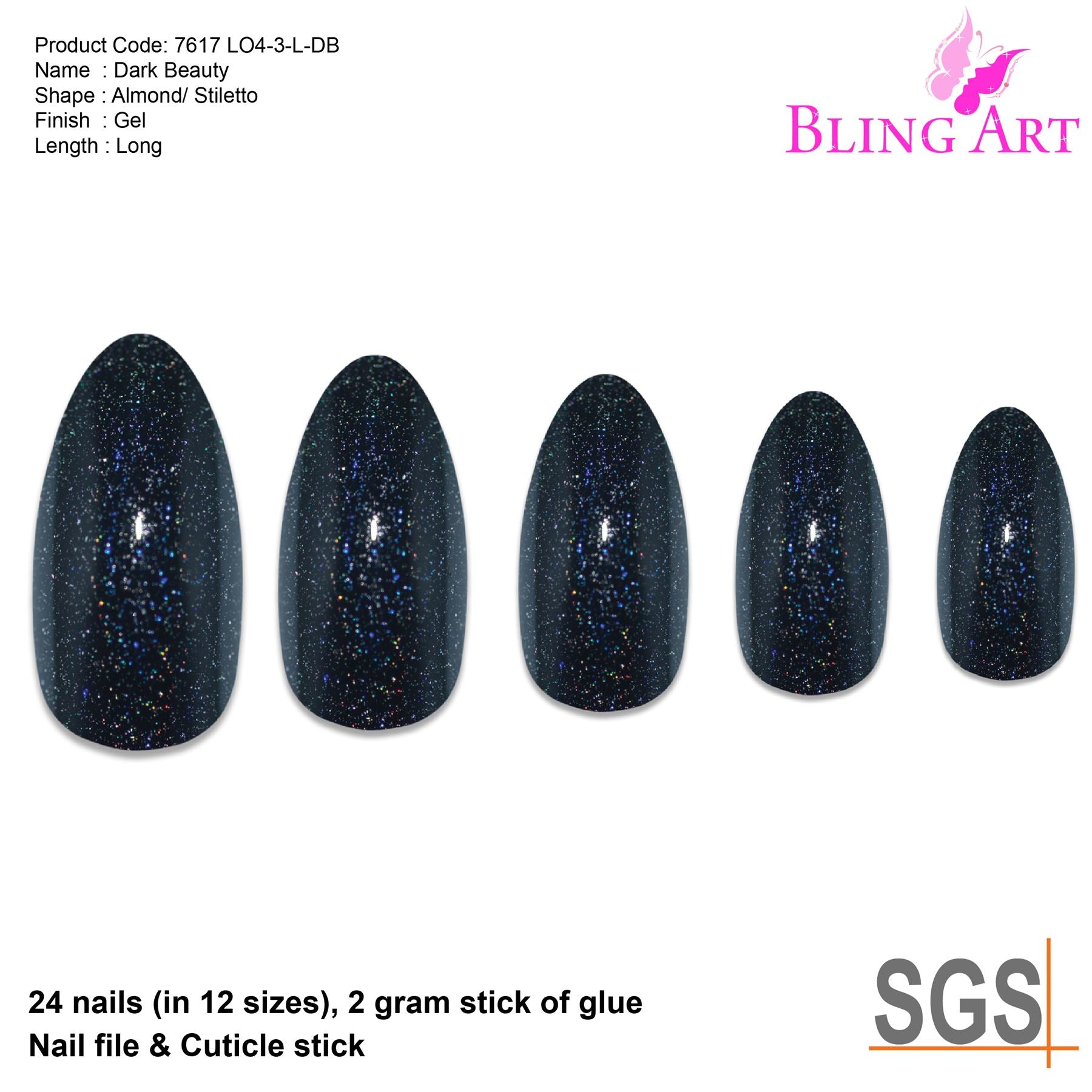 False Nails by Bling Art Black Gel Almond Stiletto 24 Fake Long Acrylic Tips