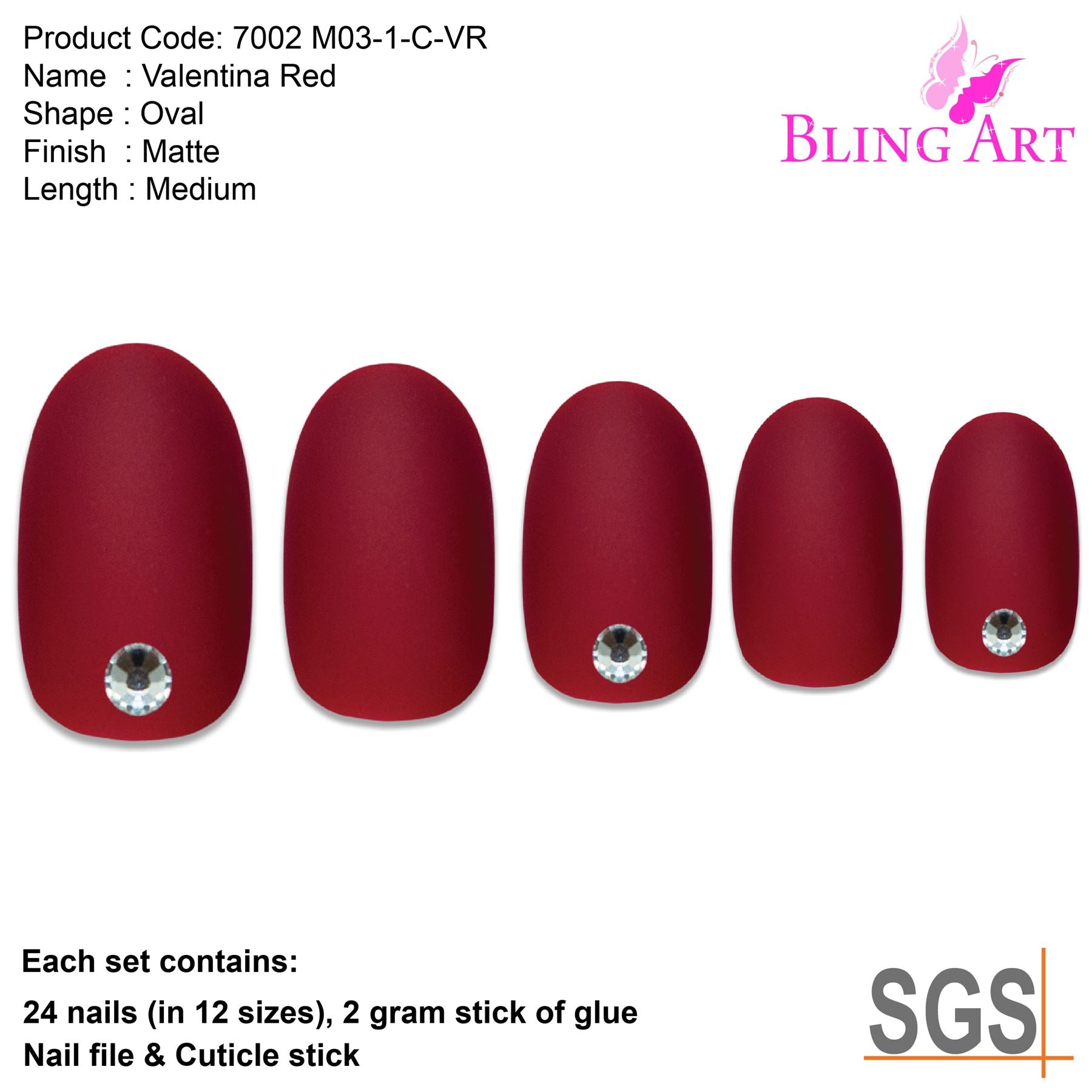 False Nails by Bling Art Red Matte Oval Medium Fake Acrylic 24 Tips with Glue