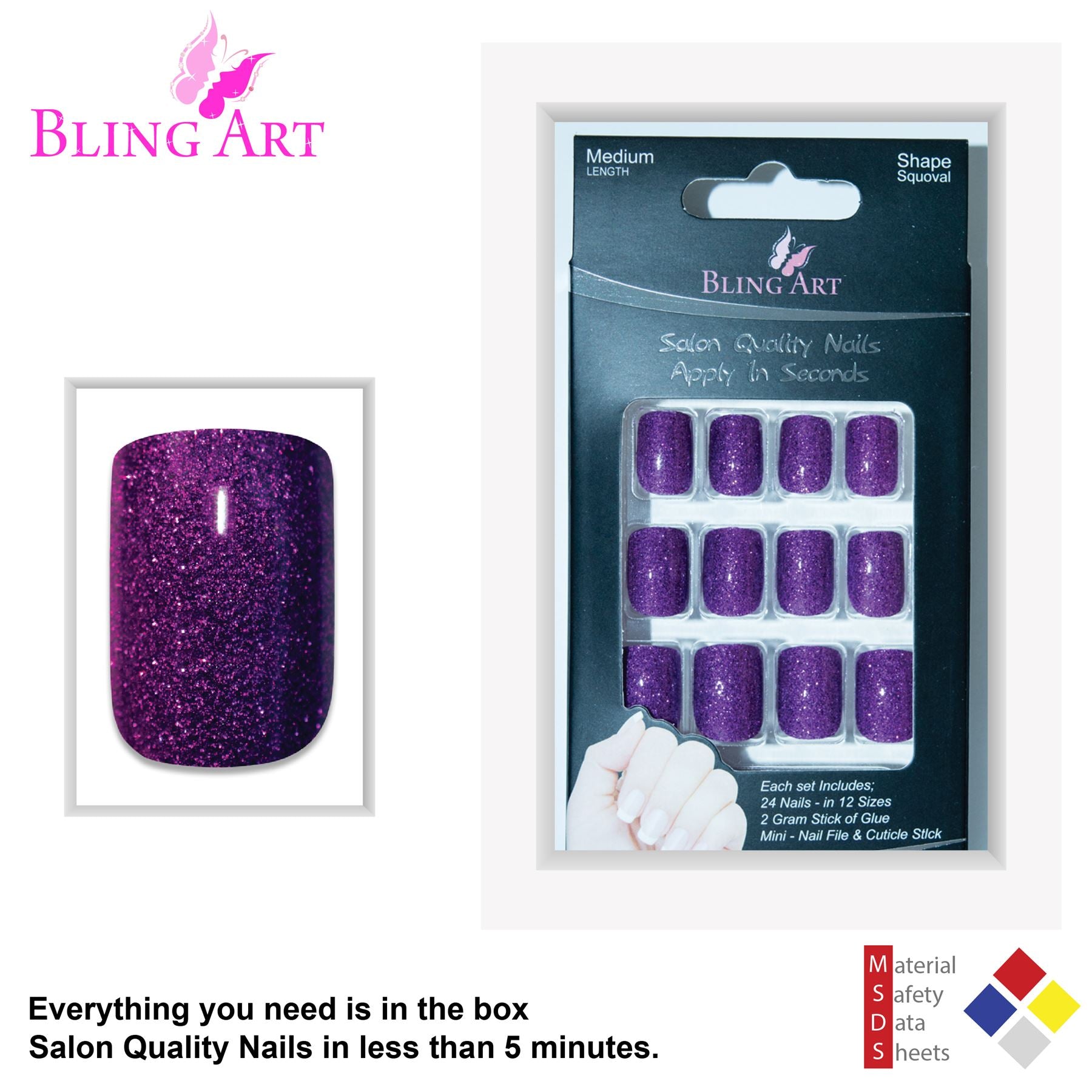 False Nails by Bling Art Purple Gel French Manicure Fake Medium Tips with Glue