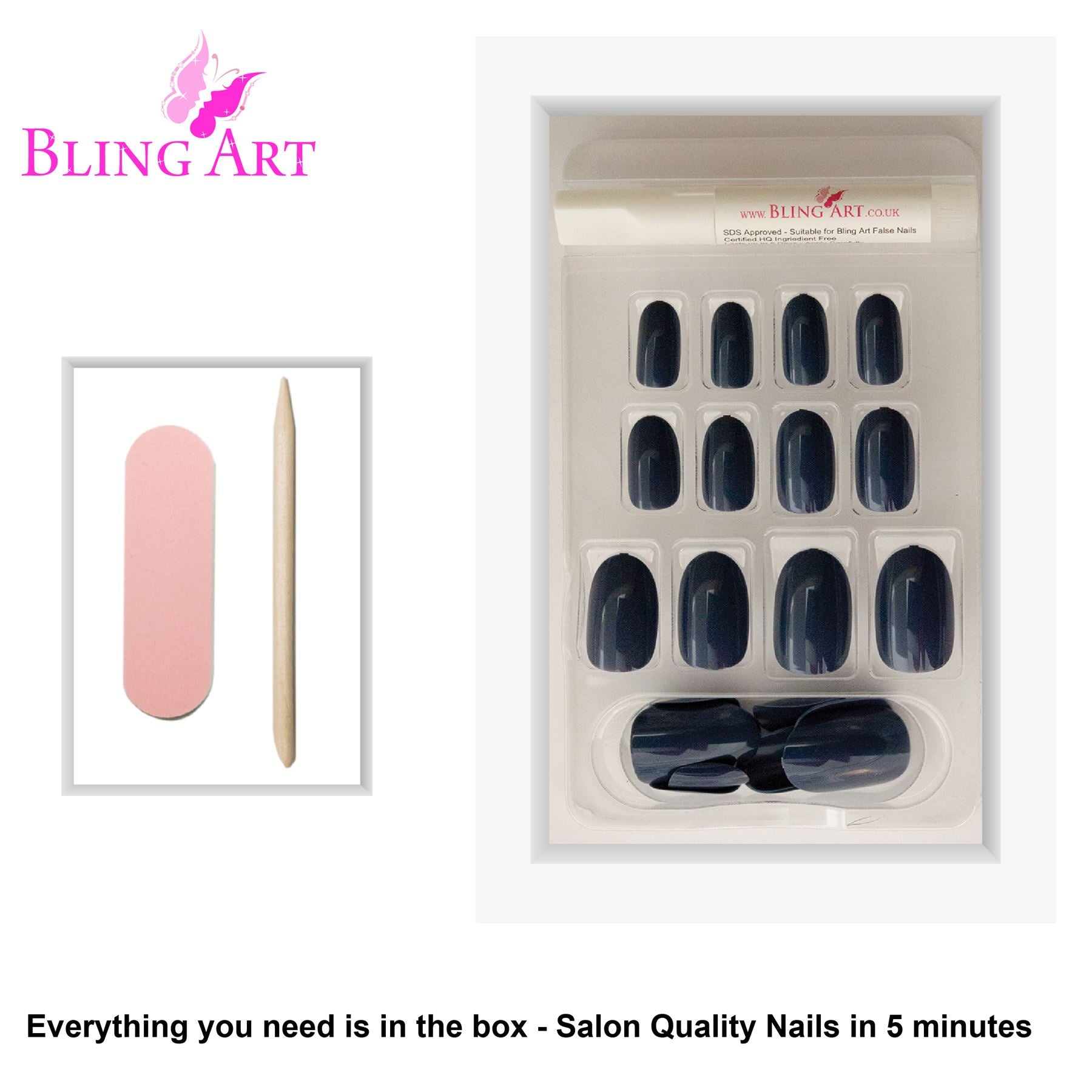 False Nails by Bling Art Grey Glitter Oval Medium Fake Acrylic 24 Tips with Glue