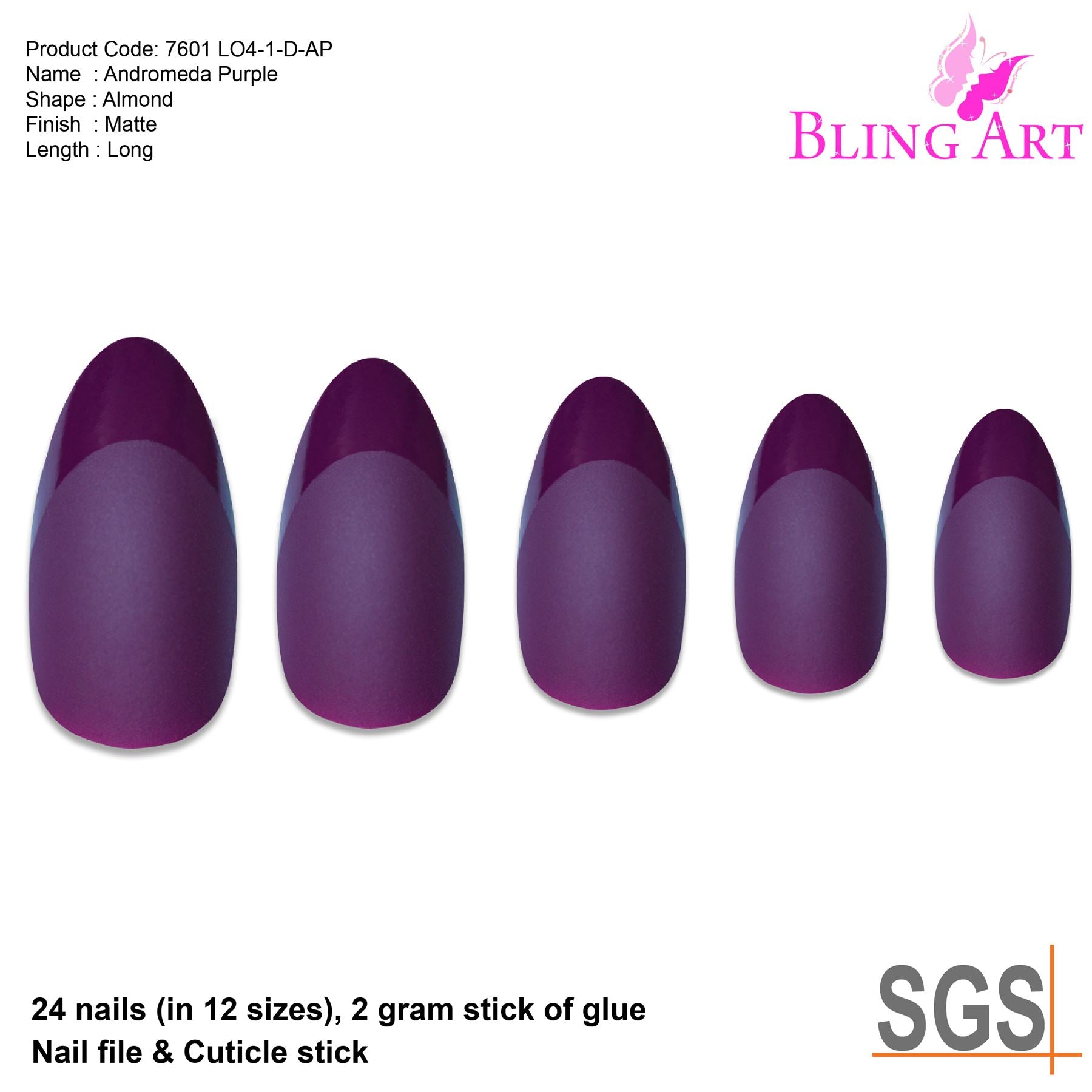 False Nails by Bling Art Purple Matte Almond Stiletto 24 Fake Long Acrylic Tips