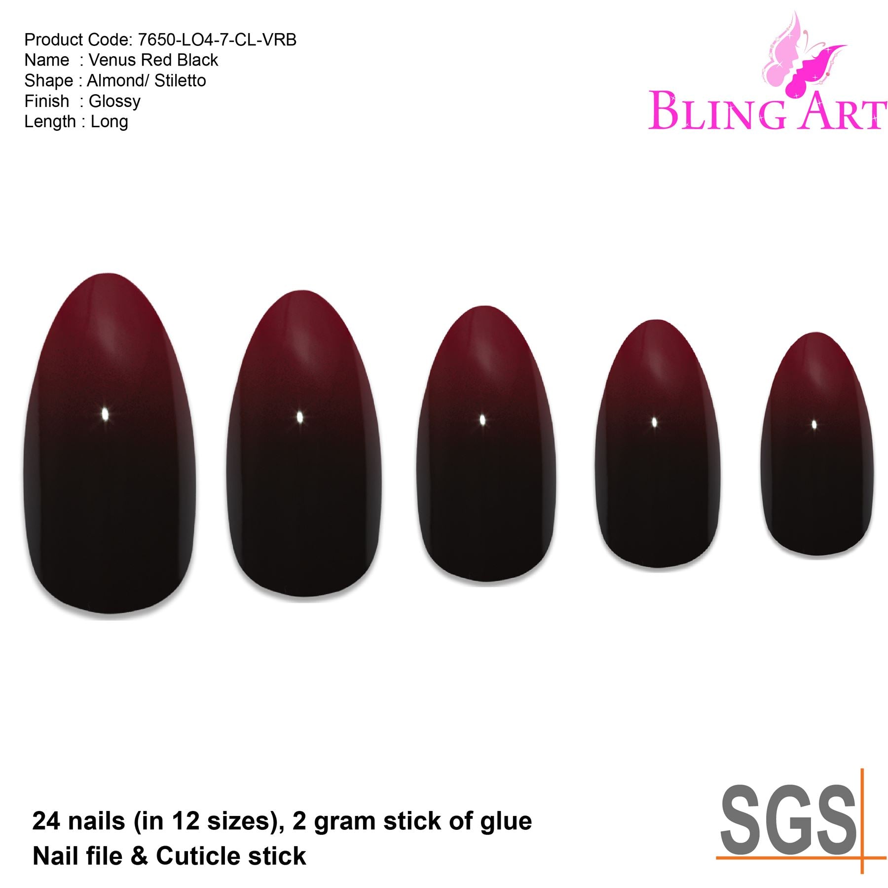 False Nails by Bling Art Red Black Almond Stiletto Acrylic 24 Fake Long Tips