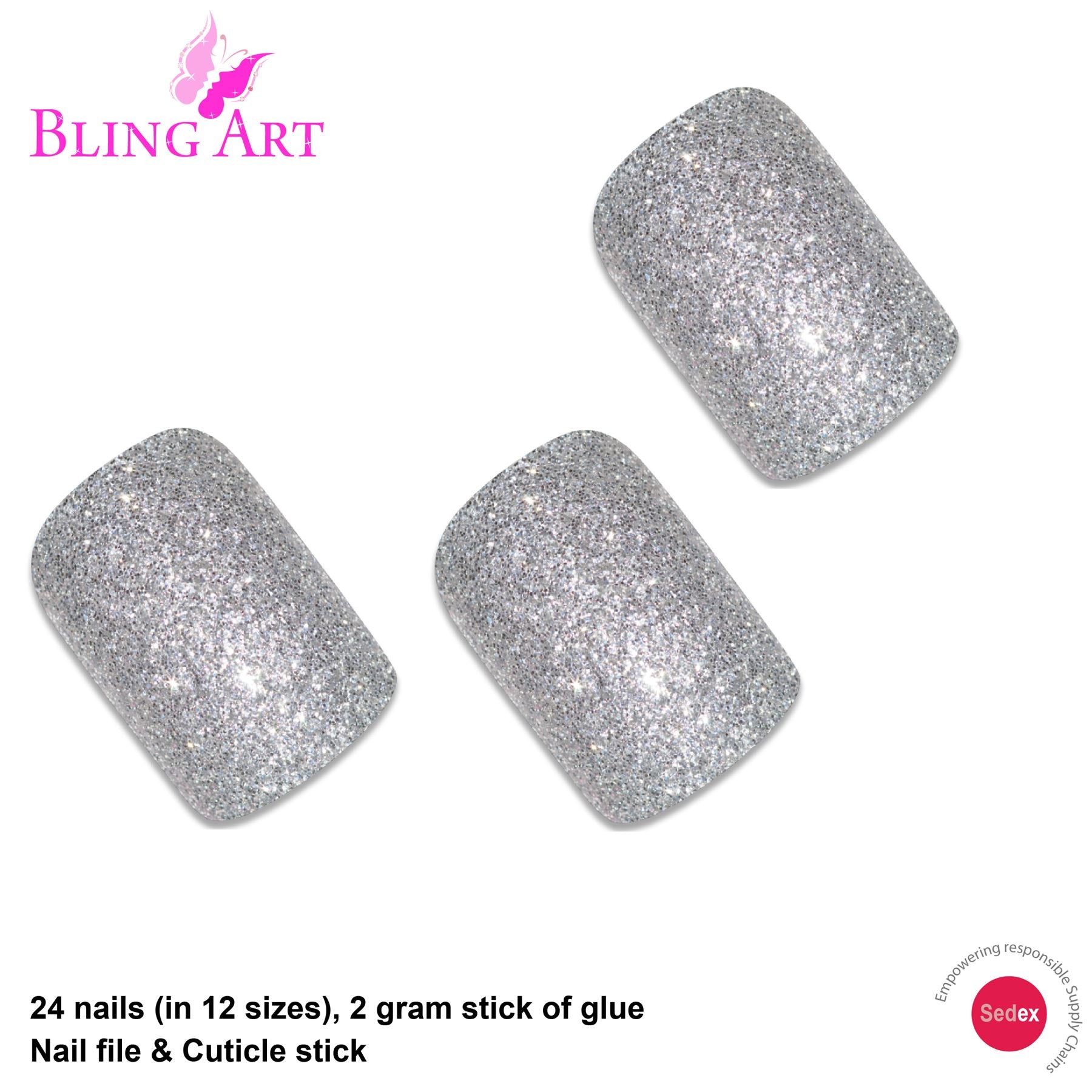 False Nails by Bling Art Silver Gel French Squoval 24 Fake Medium Acrylic Tips