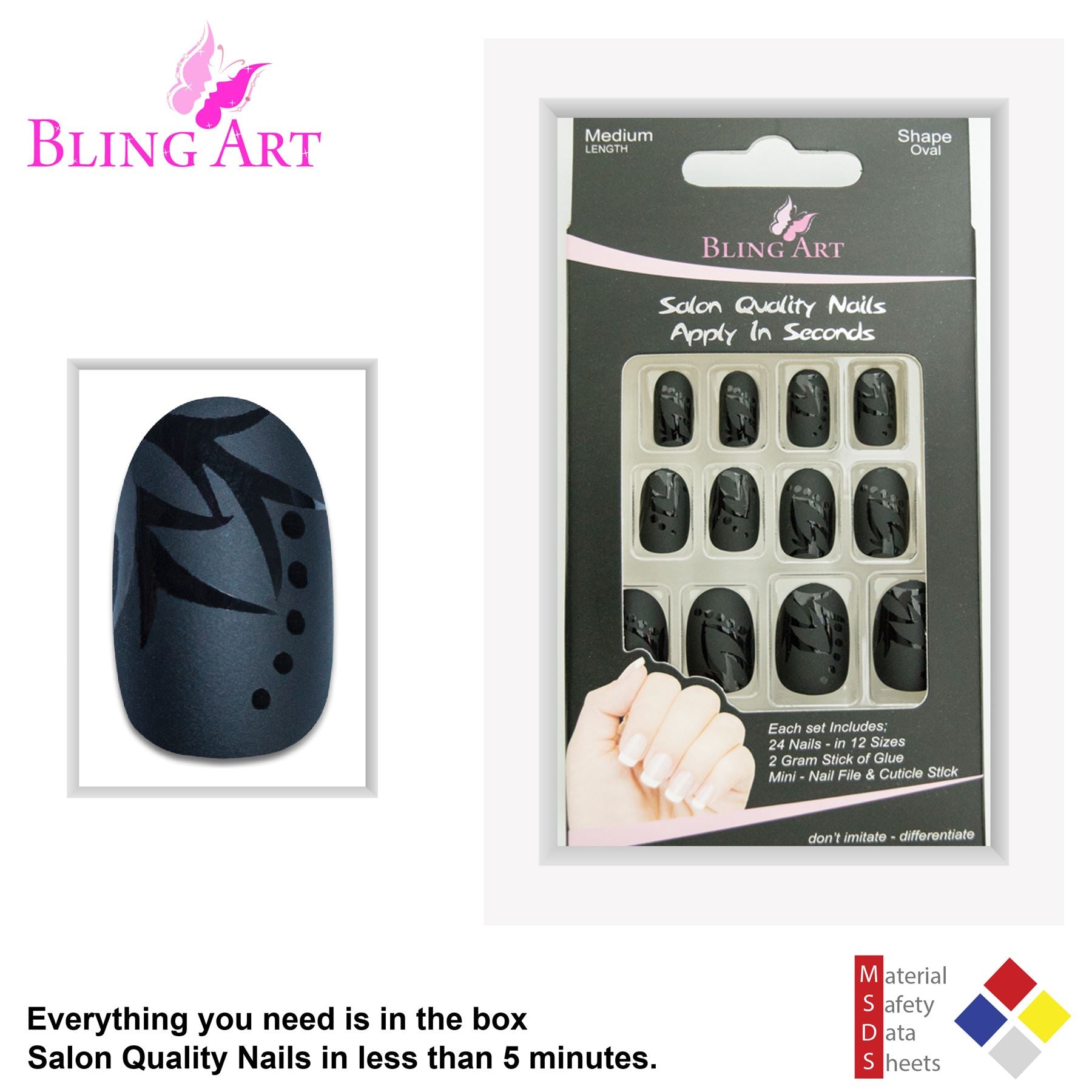 False Nails by Bling Art Black Leaf Matte Oval Medium Fake Acrylic Nail Tips Glue