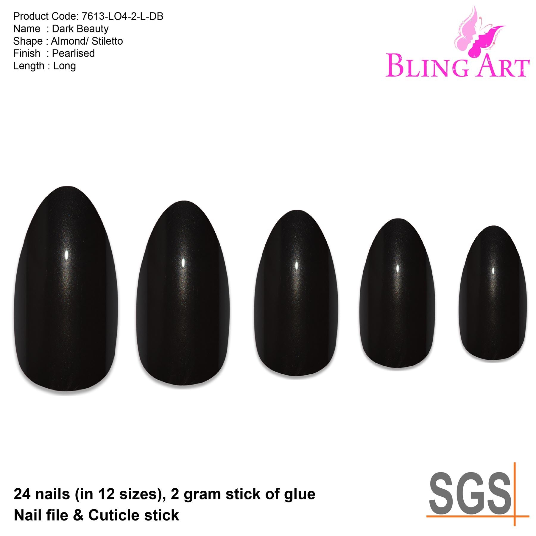 False Nails by Bling Art Black Glitter Almond Stiletto Fake Long Acrylic Tips