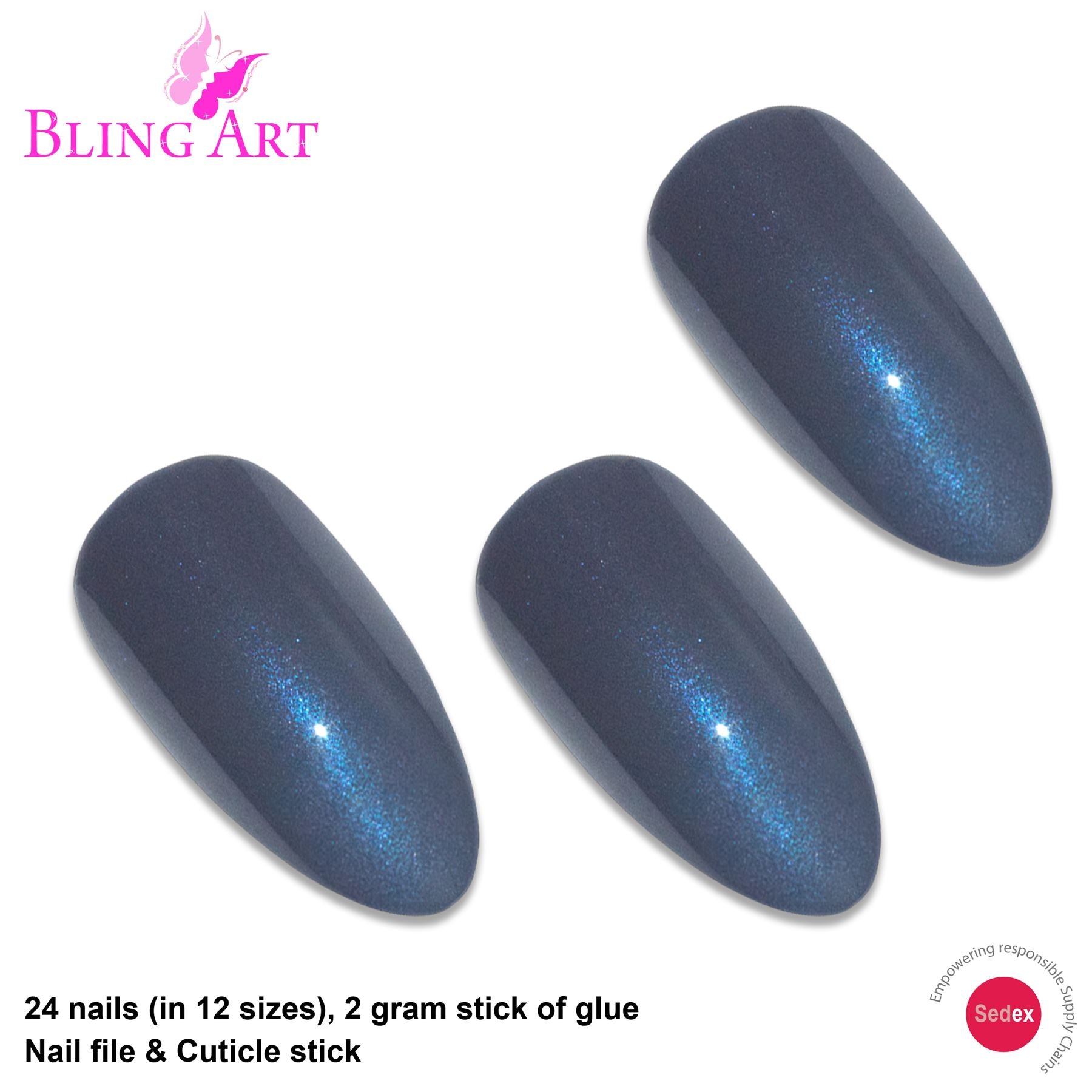 False Nails by Bling Art Grey Glitter Almond Stiletto 24 Fake Long Acrylic Tips