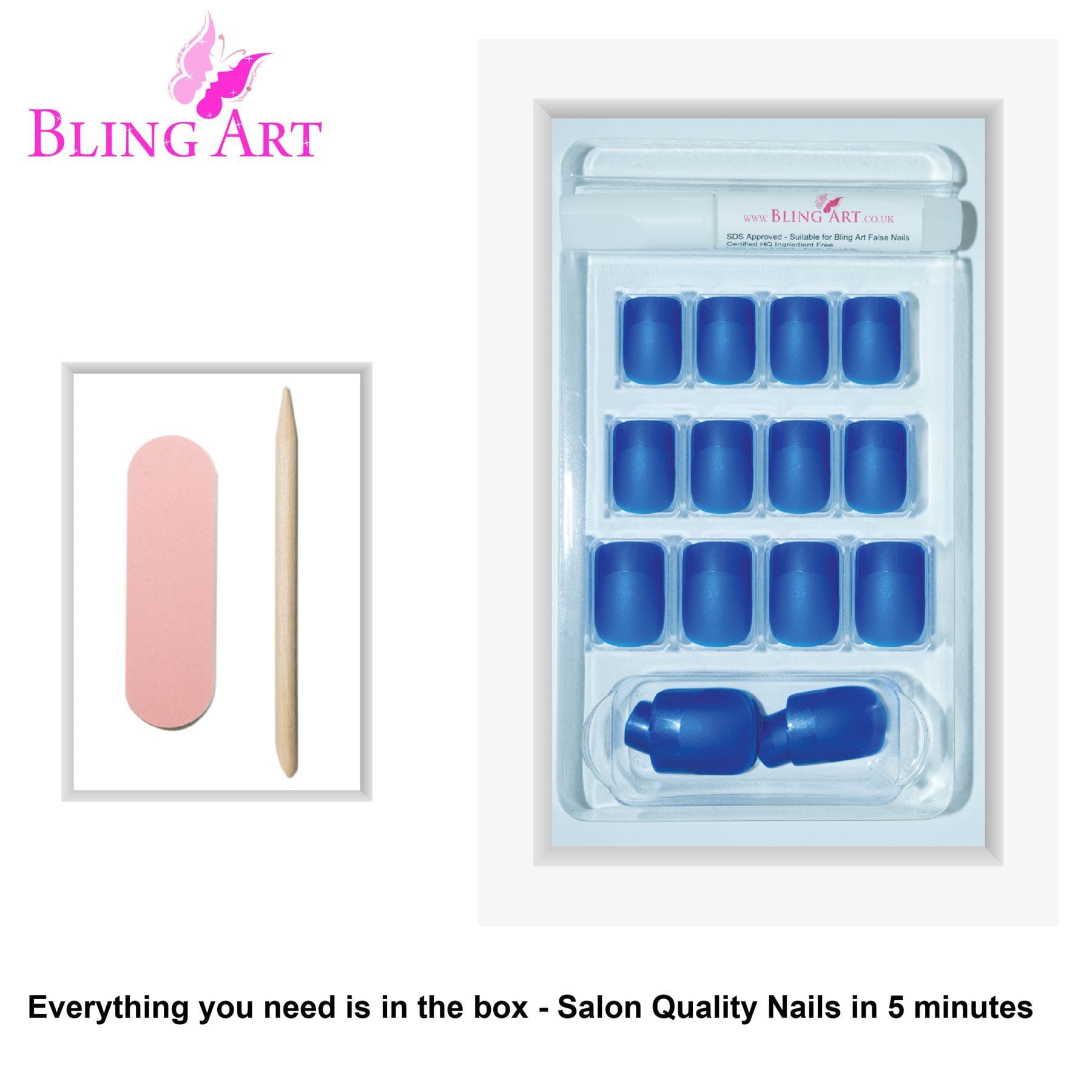 False Nails by Bling Art Blue Matte French Manicure Fake Medium Tips with Glue