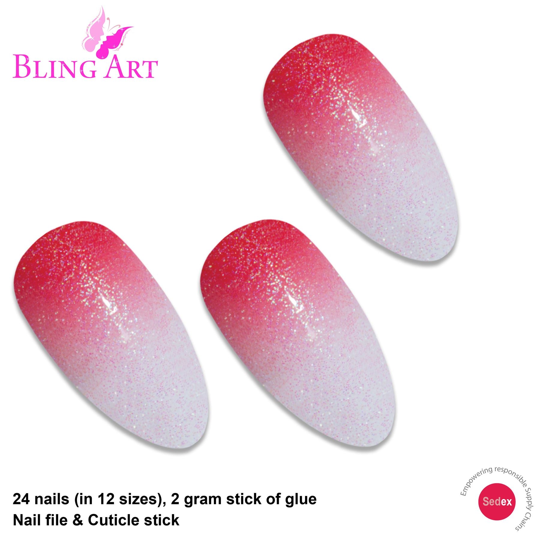 False Nails by Bling Art Red Gel Ombre Almond Stiletto Fake Long Acrylic Tips