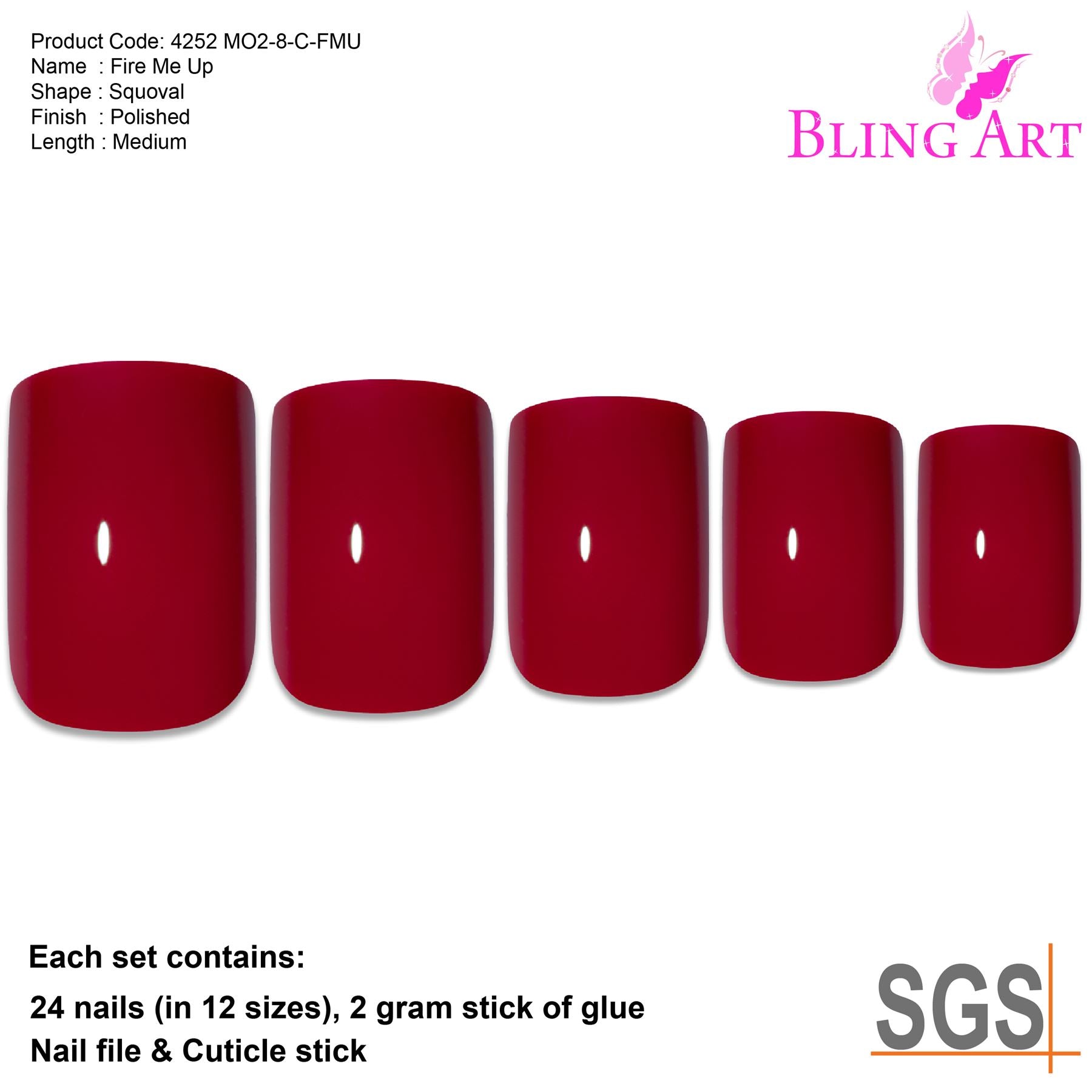 False Nails by Bling Art Red Polished French Manicure Fake Medium Tips with Glue