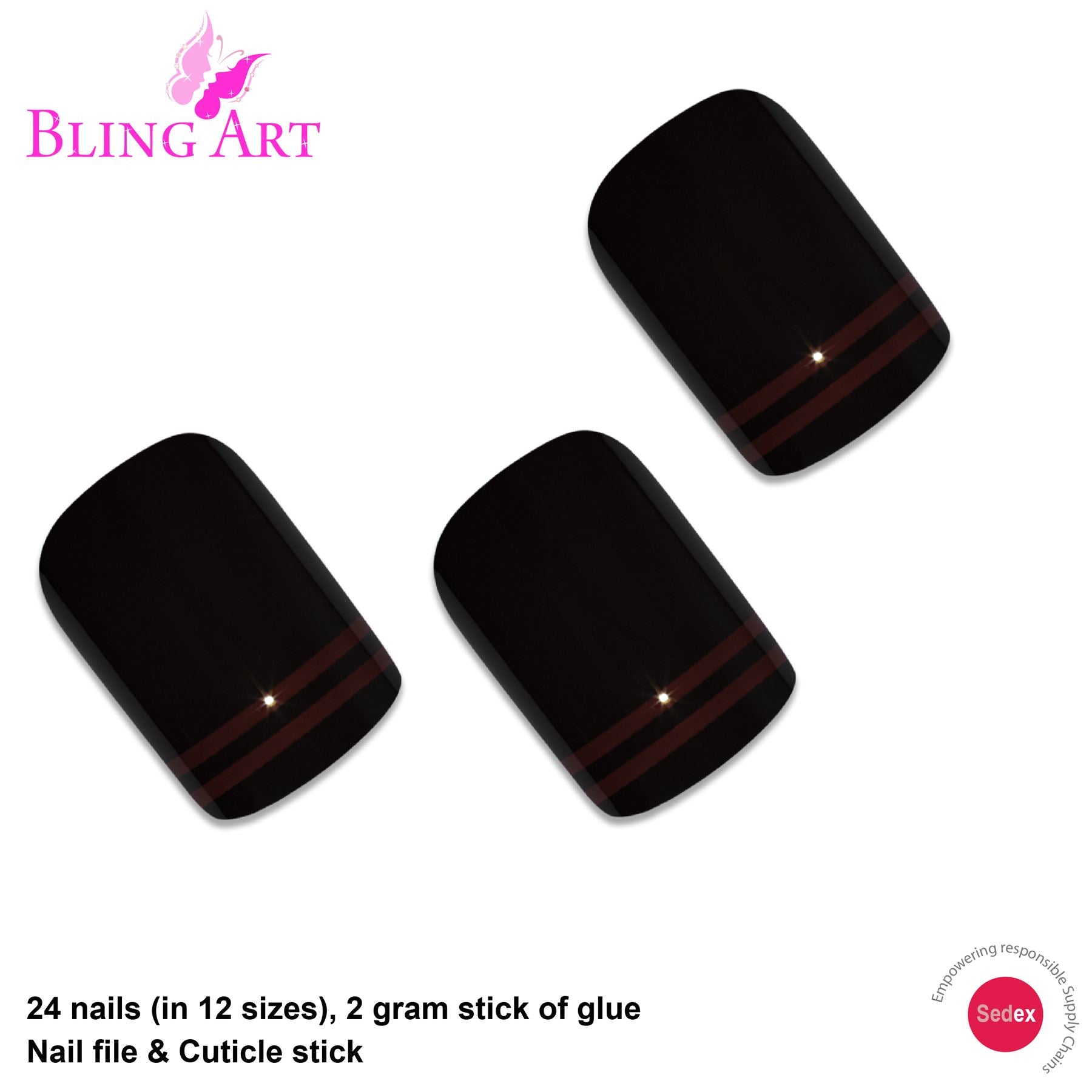 False Nails by Bling Art Black Red Glossy French Squoval 24 Fake Medium Tips