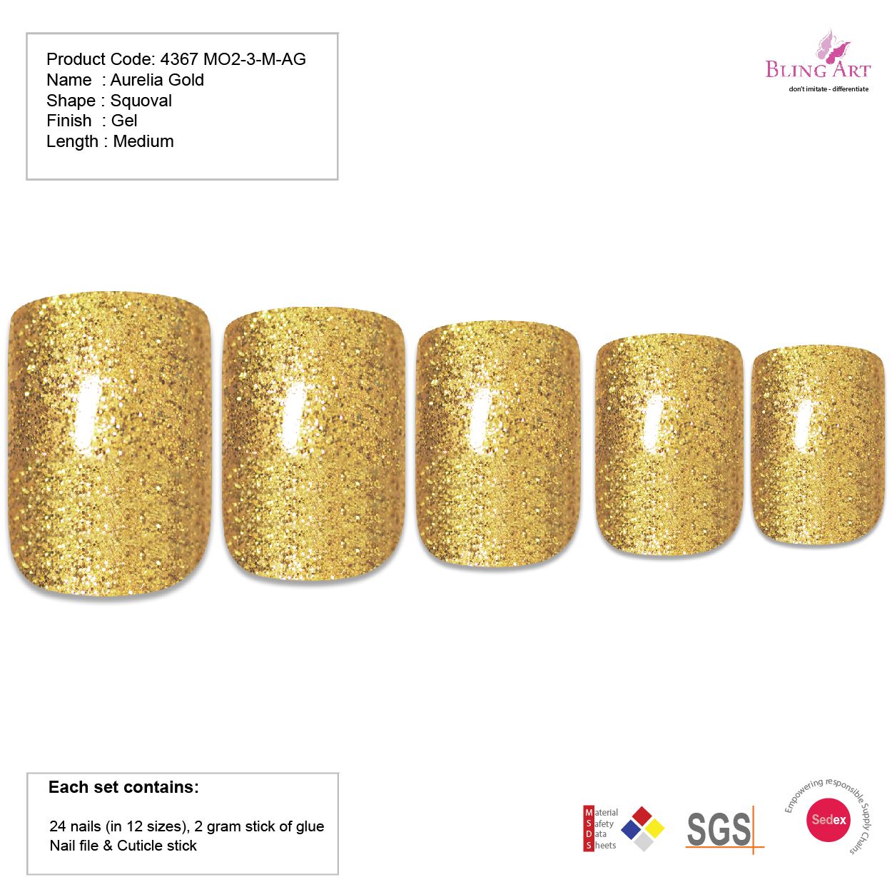 False Nails by Bling Art Gold Glitter French Squoval 24 Fake Medium Acrylic Tips