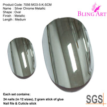 False Nails by Bling Art Silver Chrome Metallic Oval Medium Fake Nail Tips Glue
