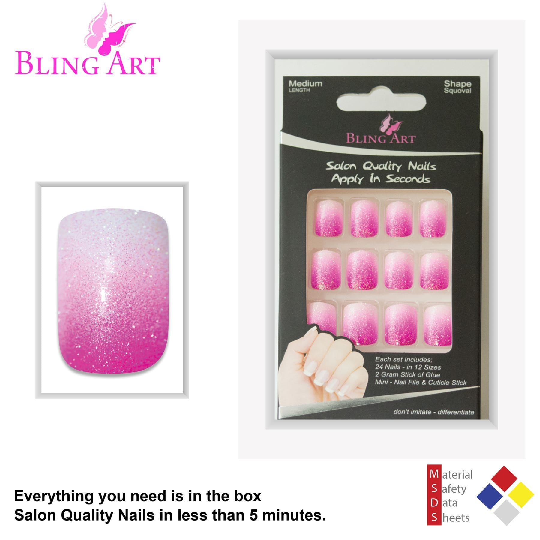 False Nails by Bling Art Pink Gel Ombre French Squoval 24 Fake Medium Tips