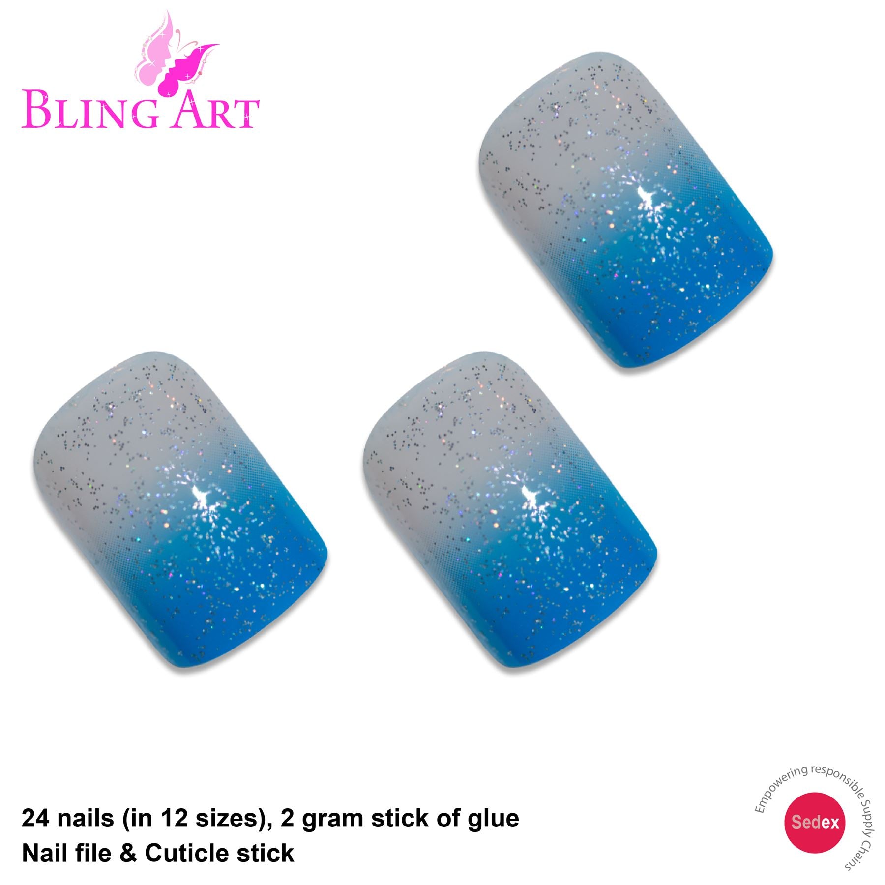 False Nails by Bling Art Blue Sparkle French Manicure Fake Medium Tips with Glue