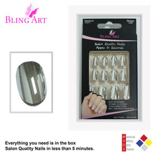 False Nails by Bling Art Silver Chrome Metallic Oval Medium Fake Nail Tips Glue